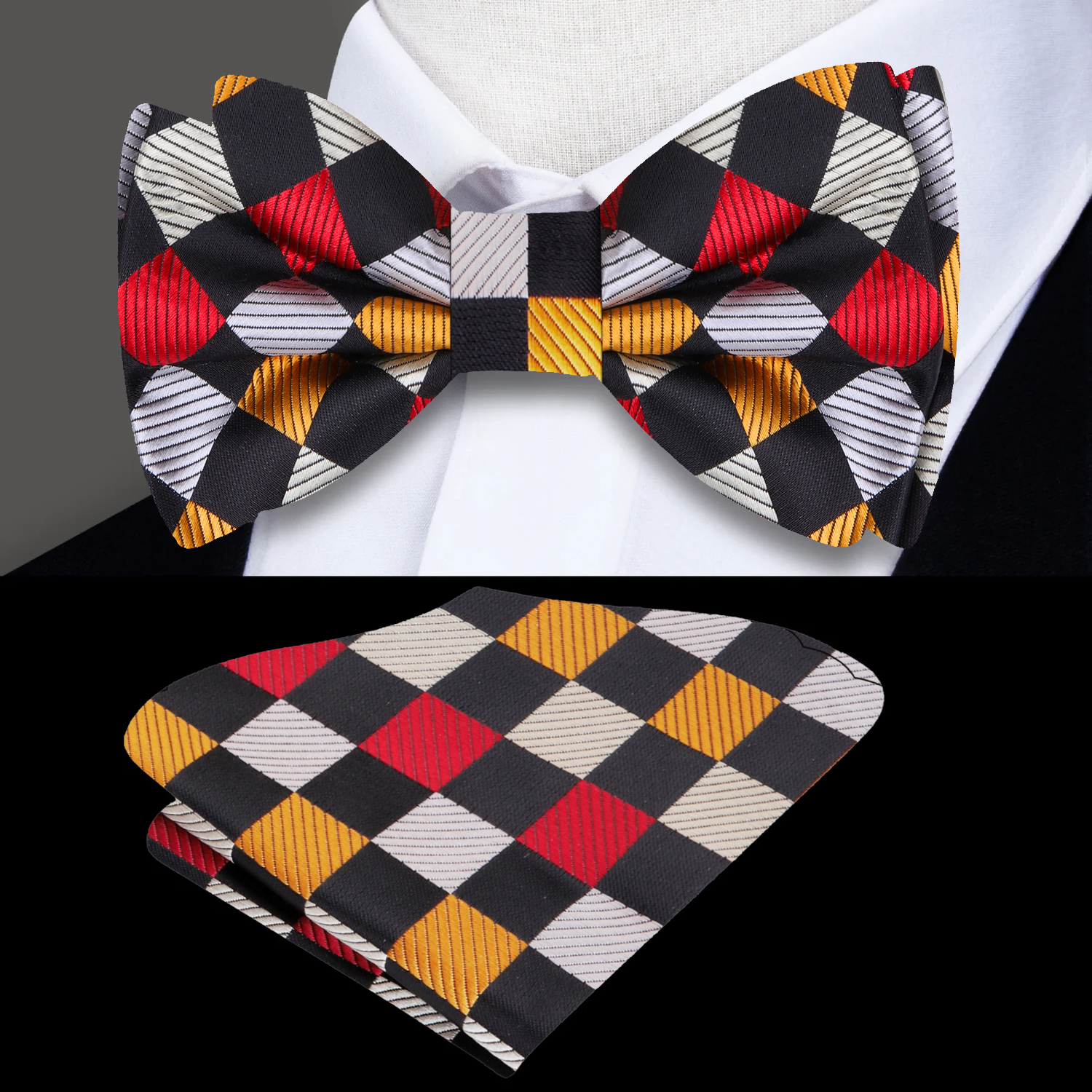Main: Gold, Red, Black Geometric Bow Tie and Pocket Square