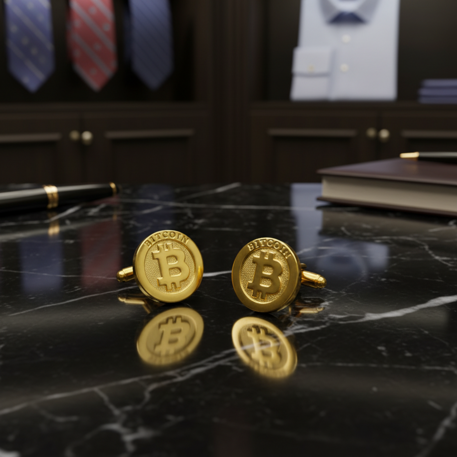 Gold Bitcoin-themed cufflinks on a white background