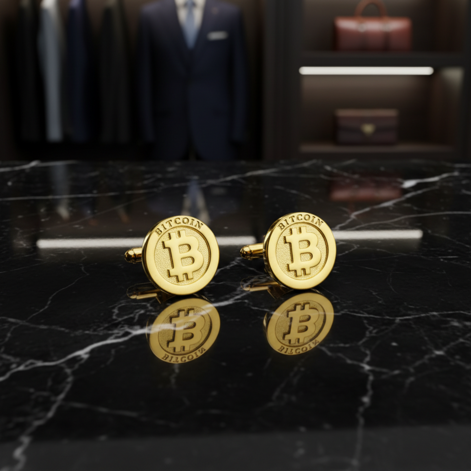 A pair of round gold cufflinks designed to look like Bitcoin coins, featuring the Bitcoin symbol and the word 'BITCOIN' engraved on the face, set against a plain white background.