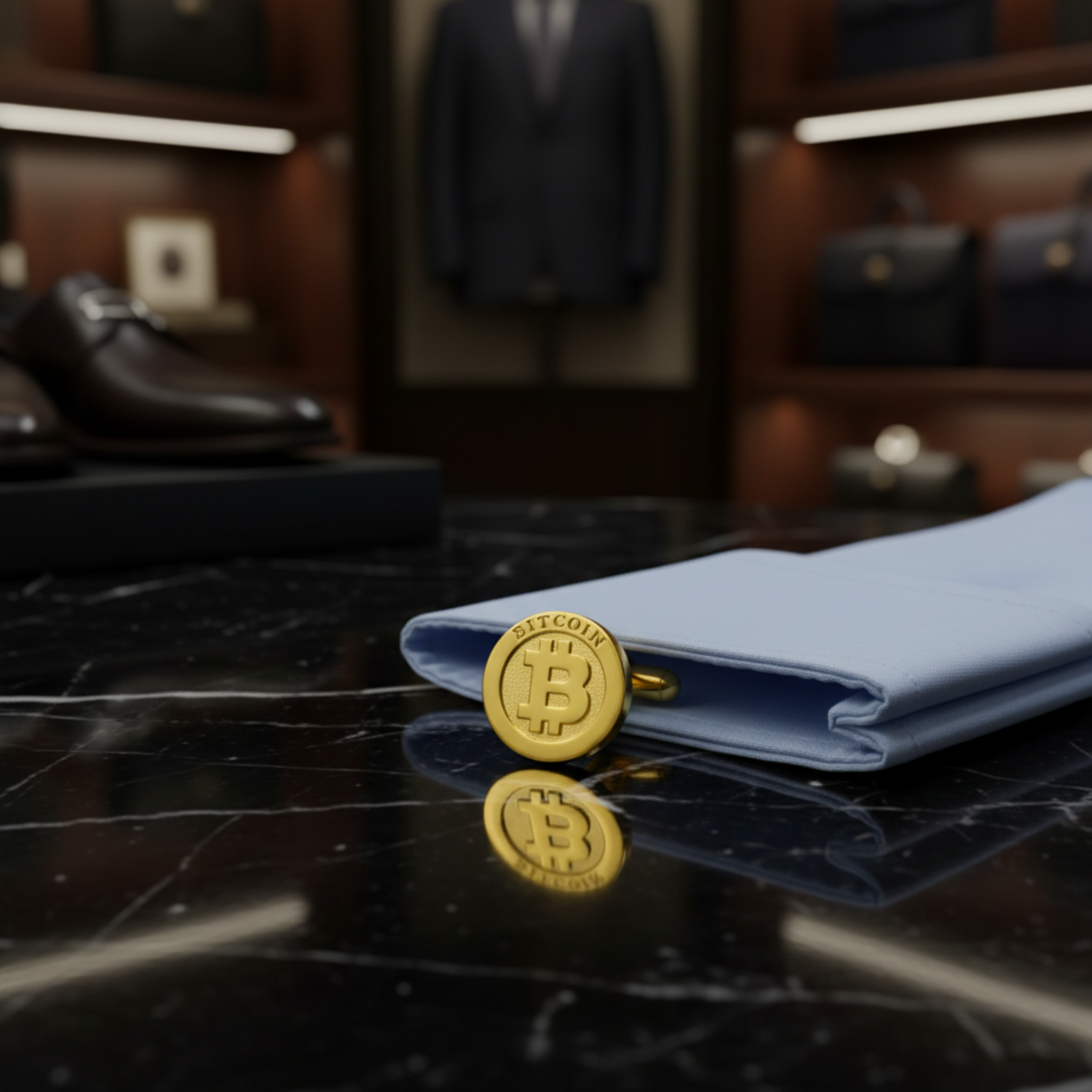 Gold Bitcoin coin cufflink on a blue shirt