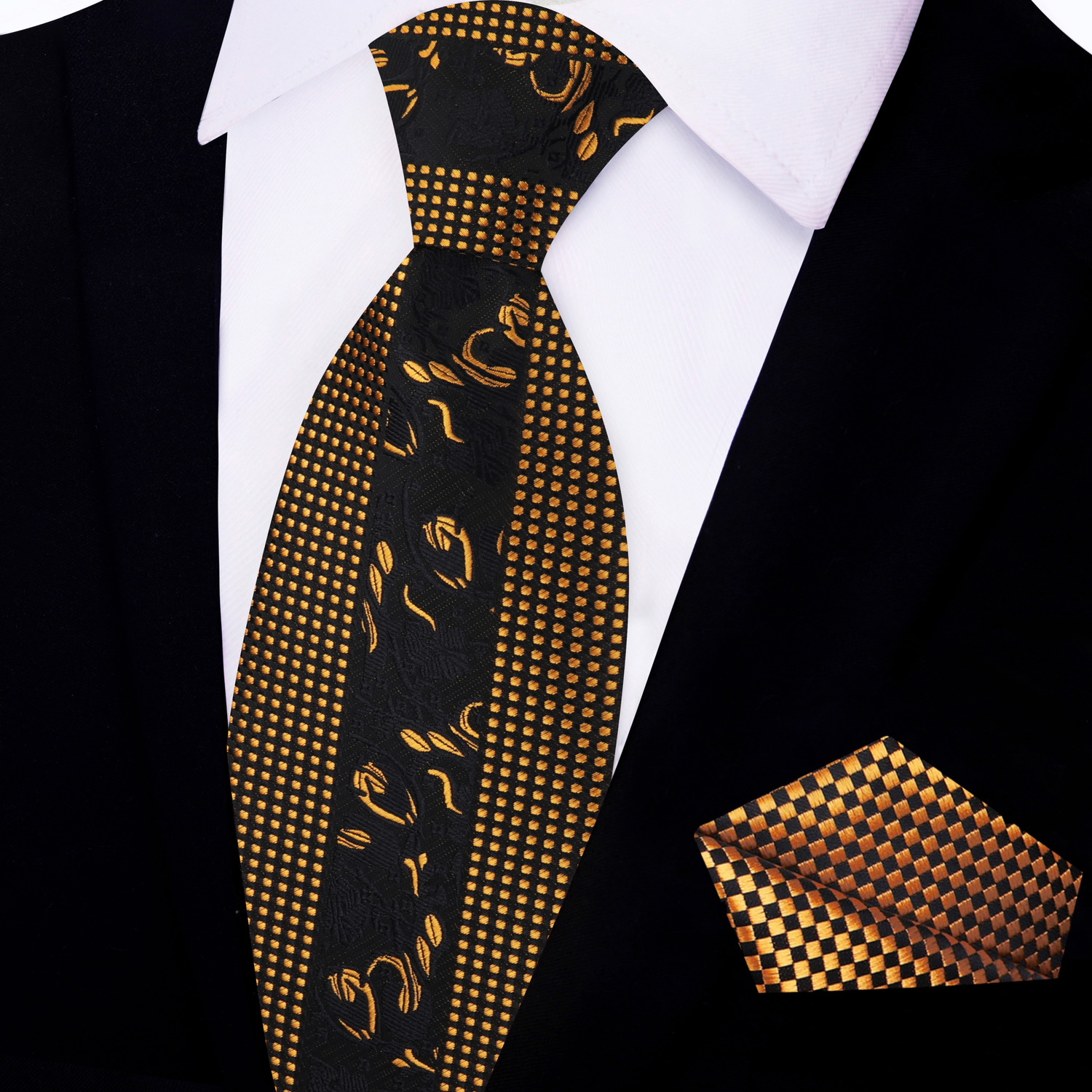 Black & Gold Floral and Check Necktie with Black, Gold Check Square