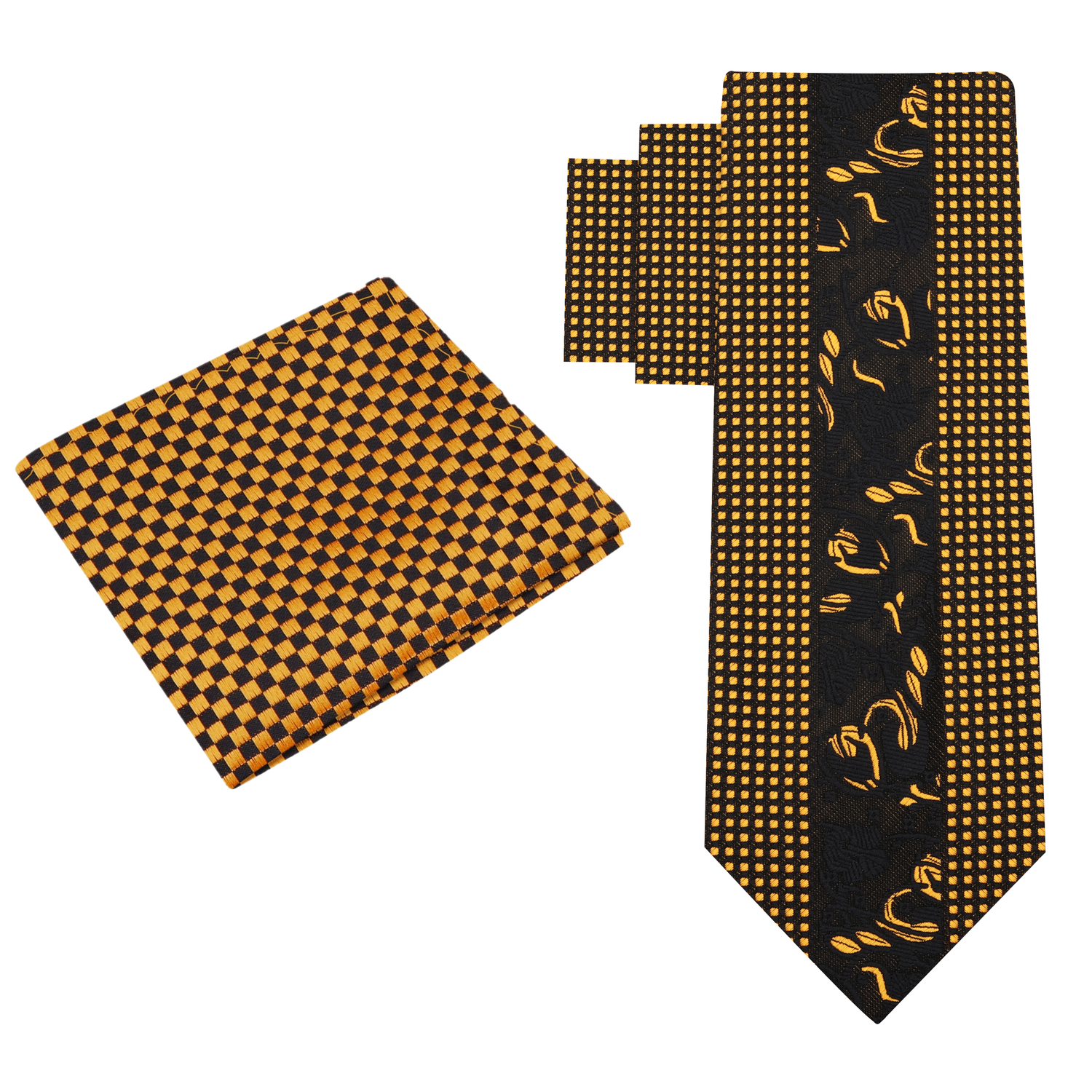 Alt View: Black & Gold Floral and Check Necktie with Black, Gold Check Square