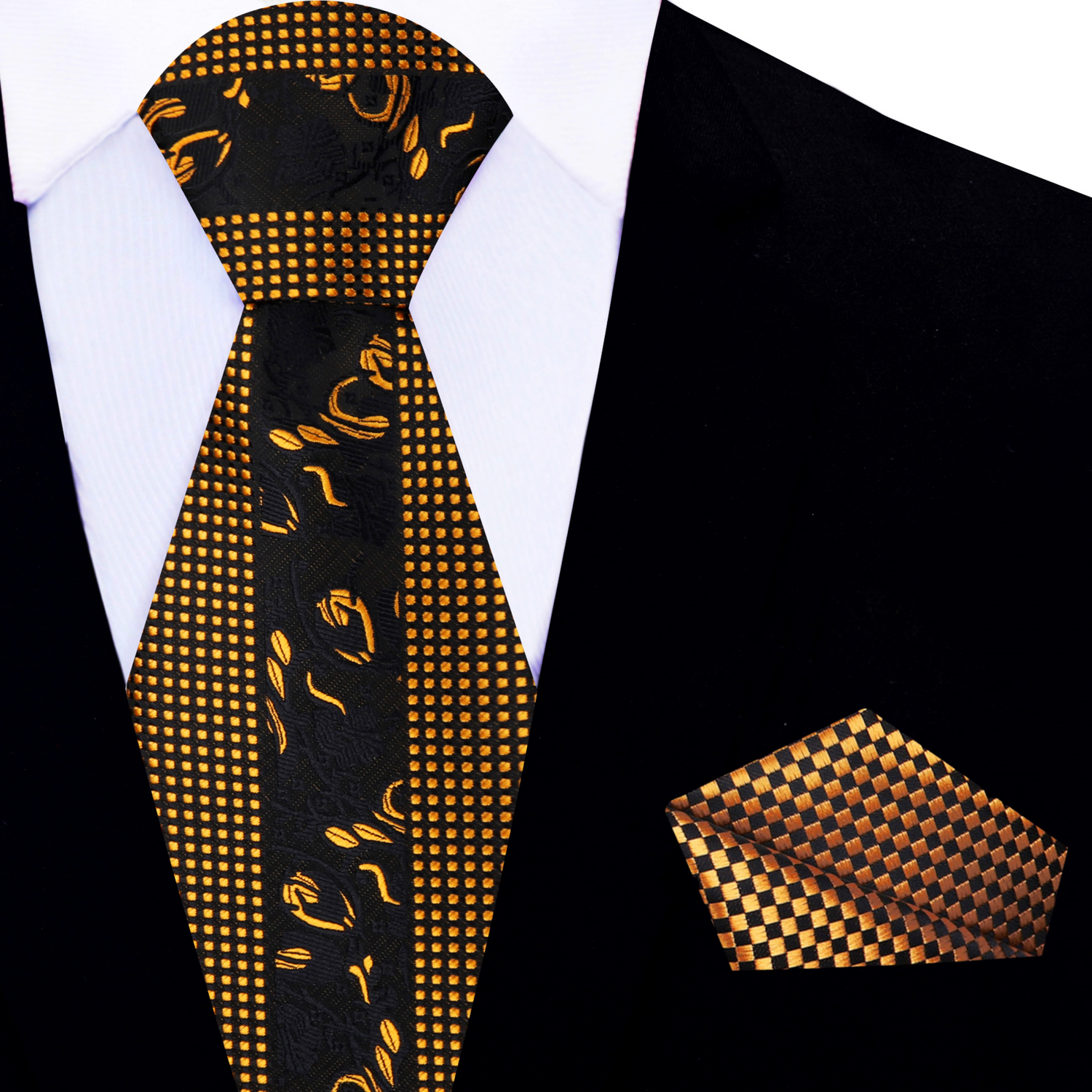 View 2: Black & Gold Floral and Check Necktie with Black, Gold Check Square