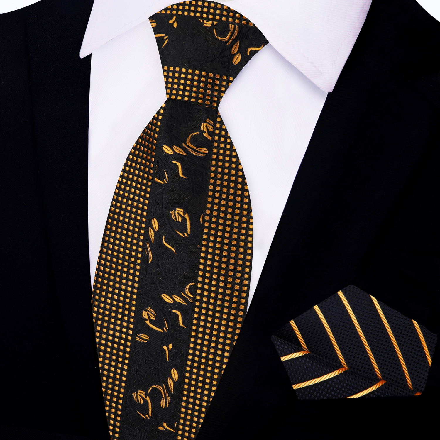 Black & Gold Floral and Check Necktie with Black, Gold Stripe Square