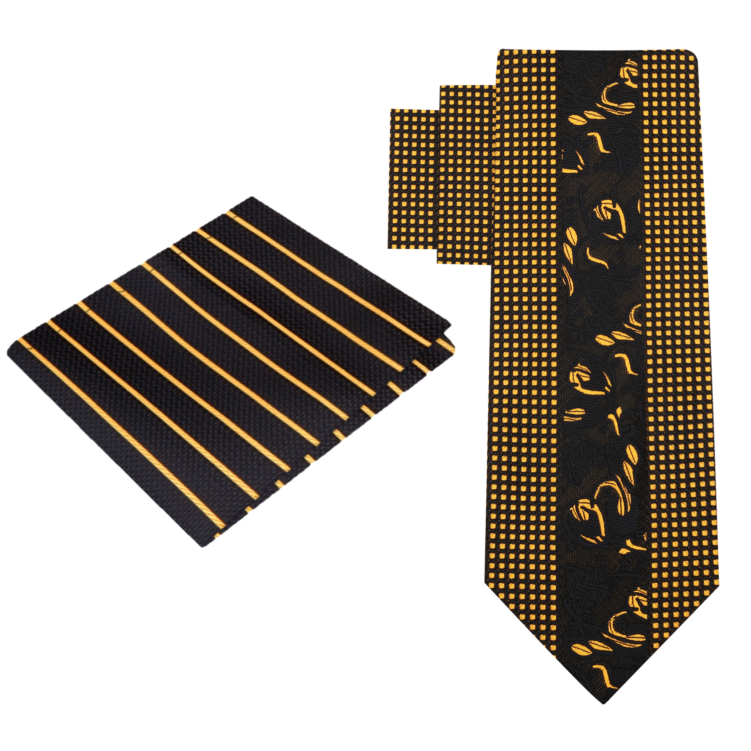 Alt View: Black & Gold Floral and Check Necktie with Black, Gold Stripe Square