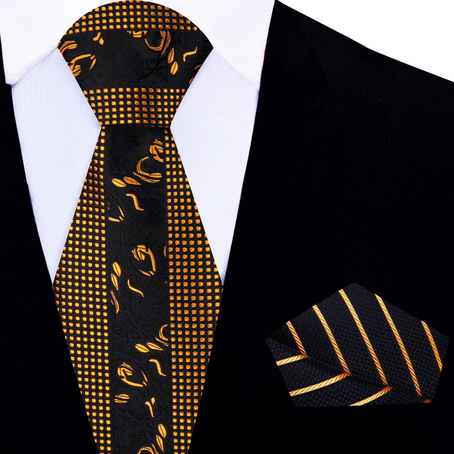 View 2: Black & Gold Floral and Check Necktie with Black, Gold Stripe Square