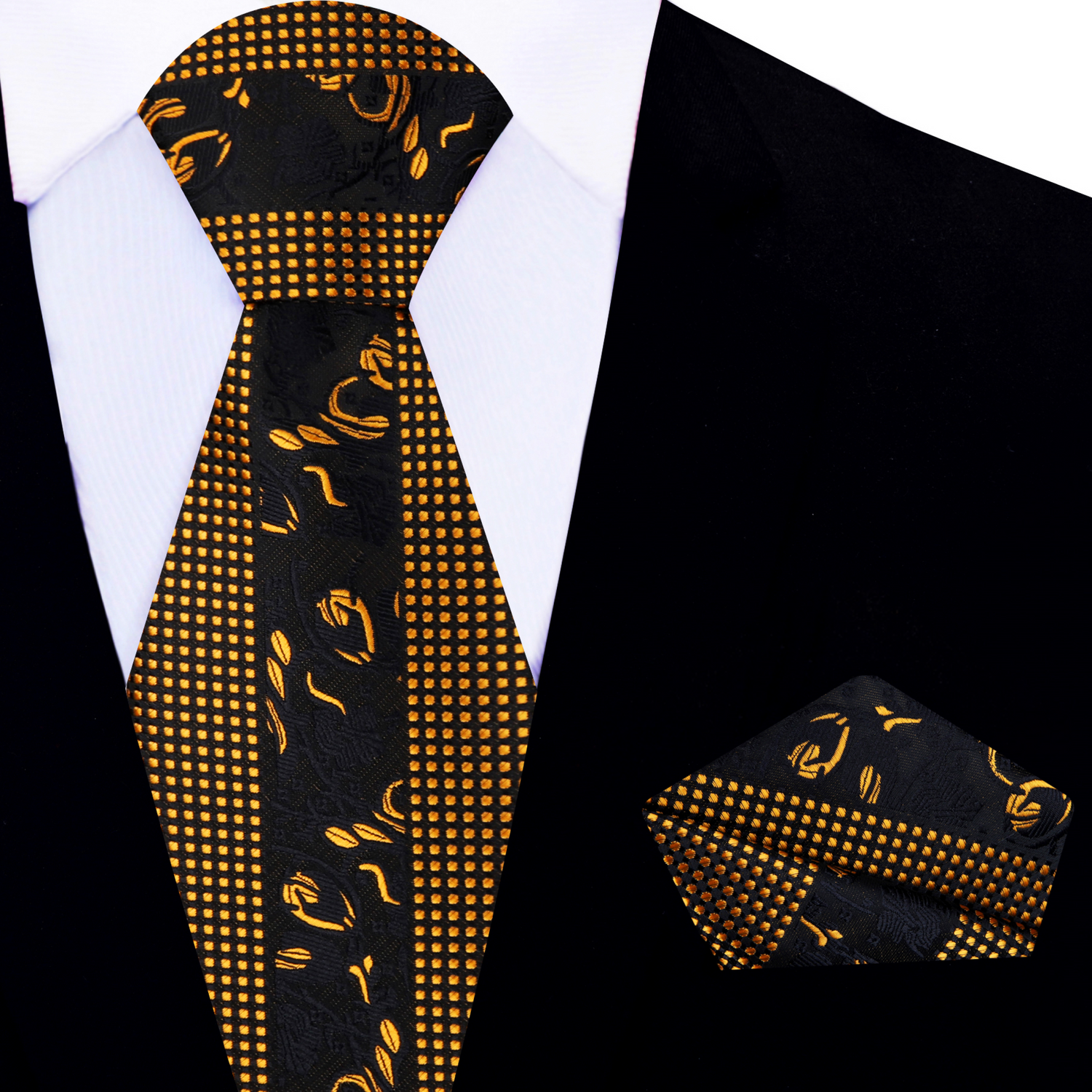 View 2; Black & Gold Floral and Check Necktie with Matching Square