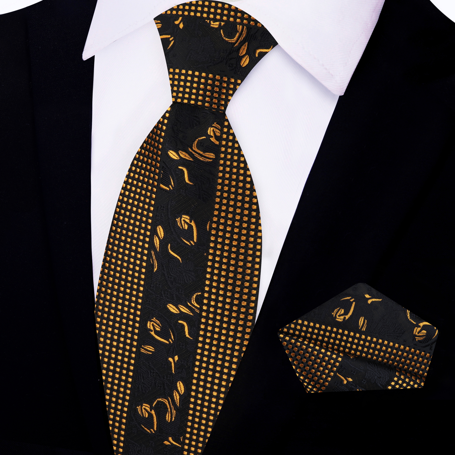 Black & Gold Floral and Check Necktie with Matching Square