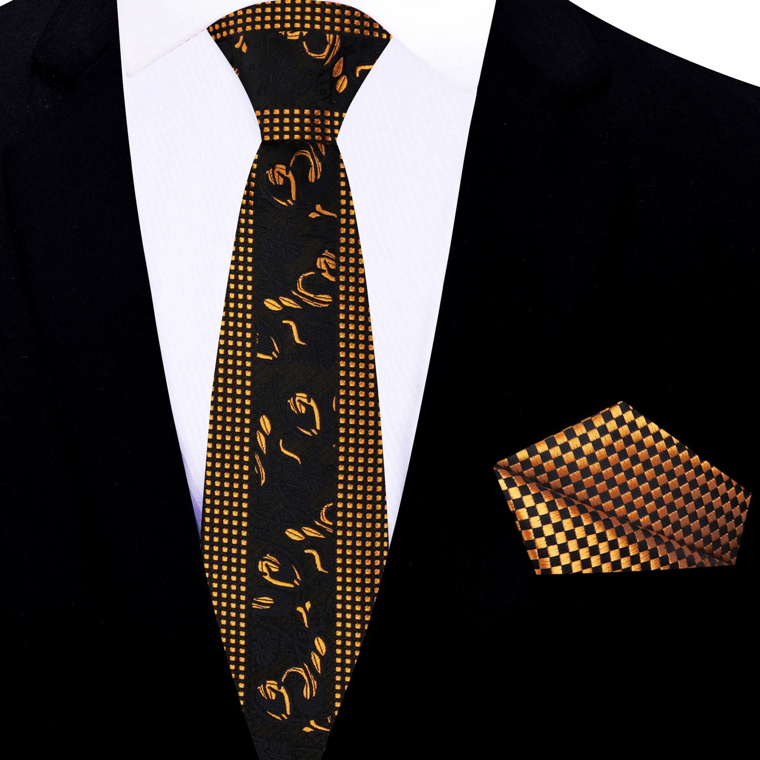 Thin Tie: Black & Gold Floral and Check Necktie with Black, Gold Check Square