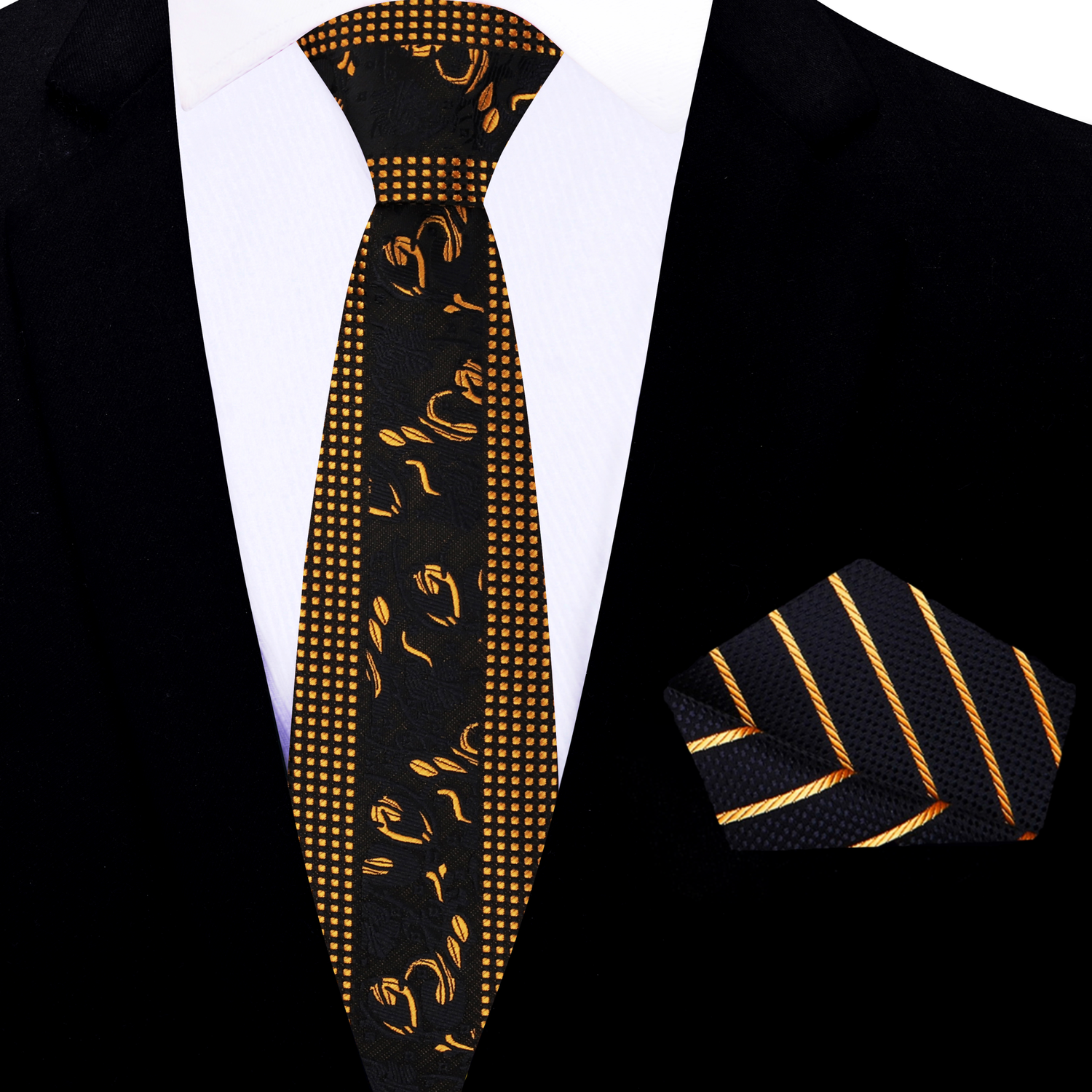 Thin Tie: Black & Gold Floral and Check Necktie with Black, Gold Stripe Square