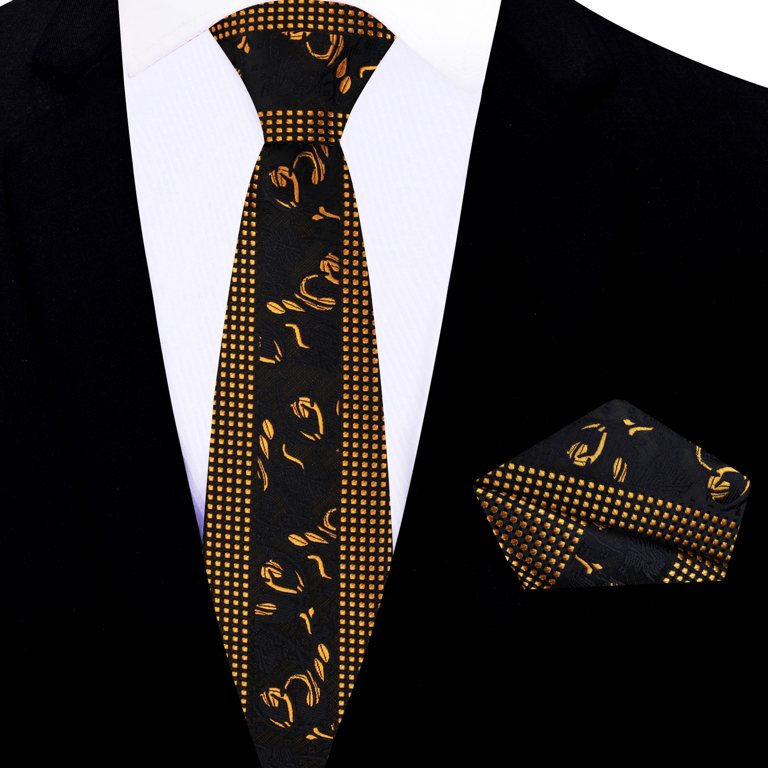 Thin Tie: Black & Gold Floral and Check Necktie with Matching Square