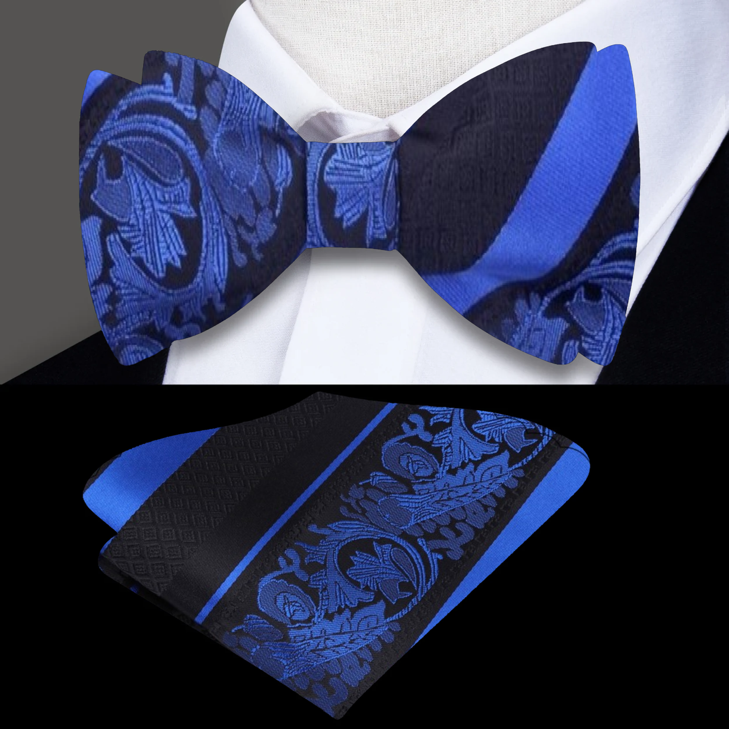 Black, Blue Floral Bow Tie and Pocket Square
