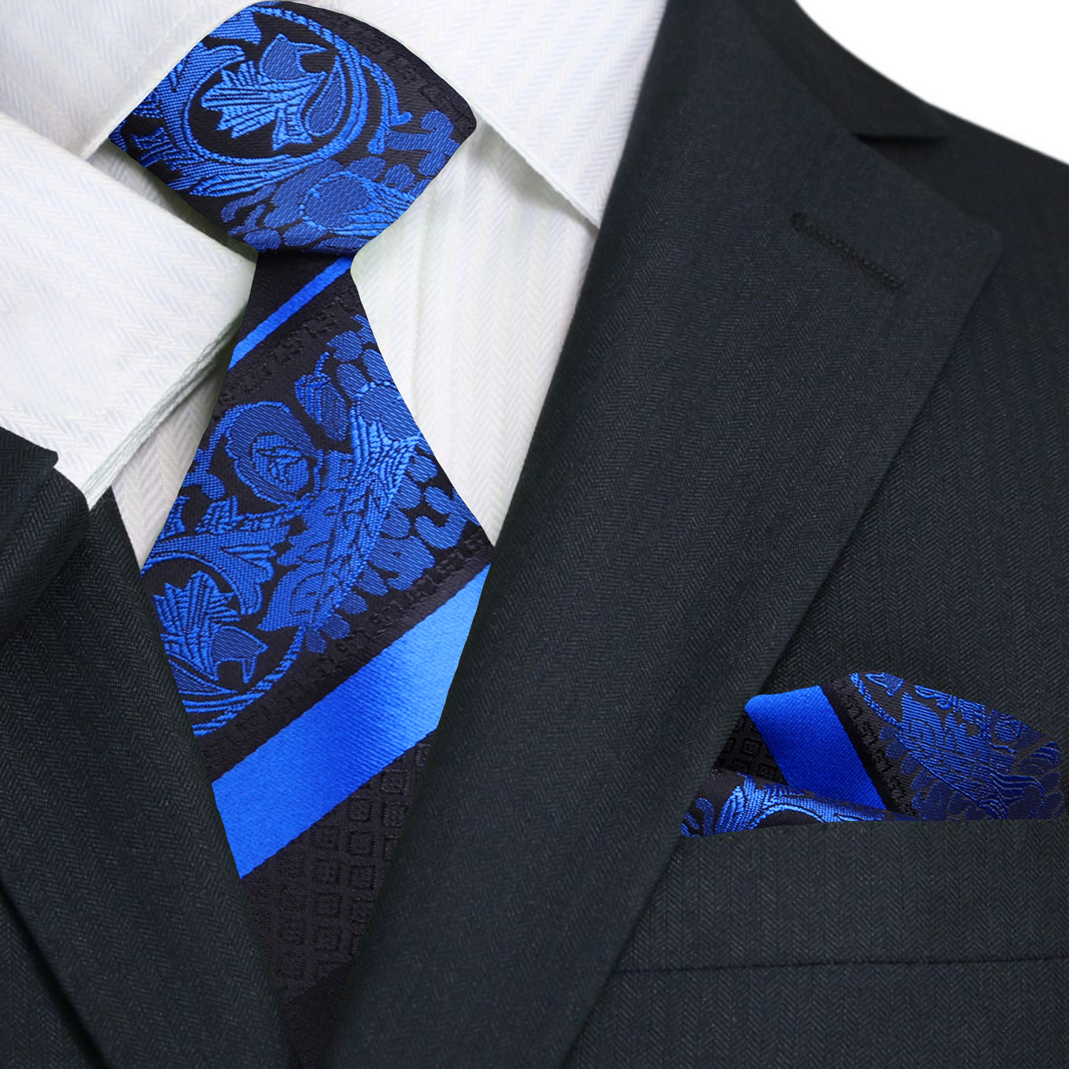 black, blue floral tie and pocket square||Blue, Black