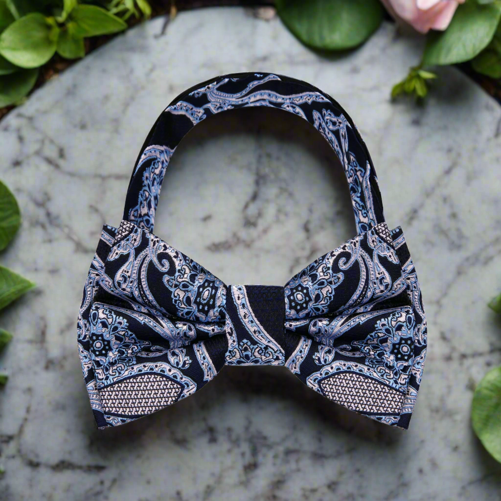 Black Blue Paisley pre tied bow