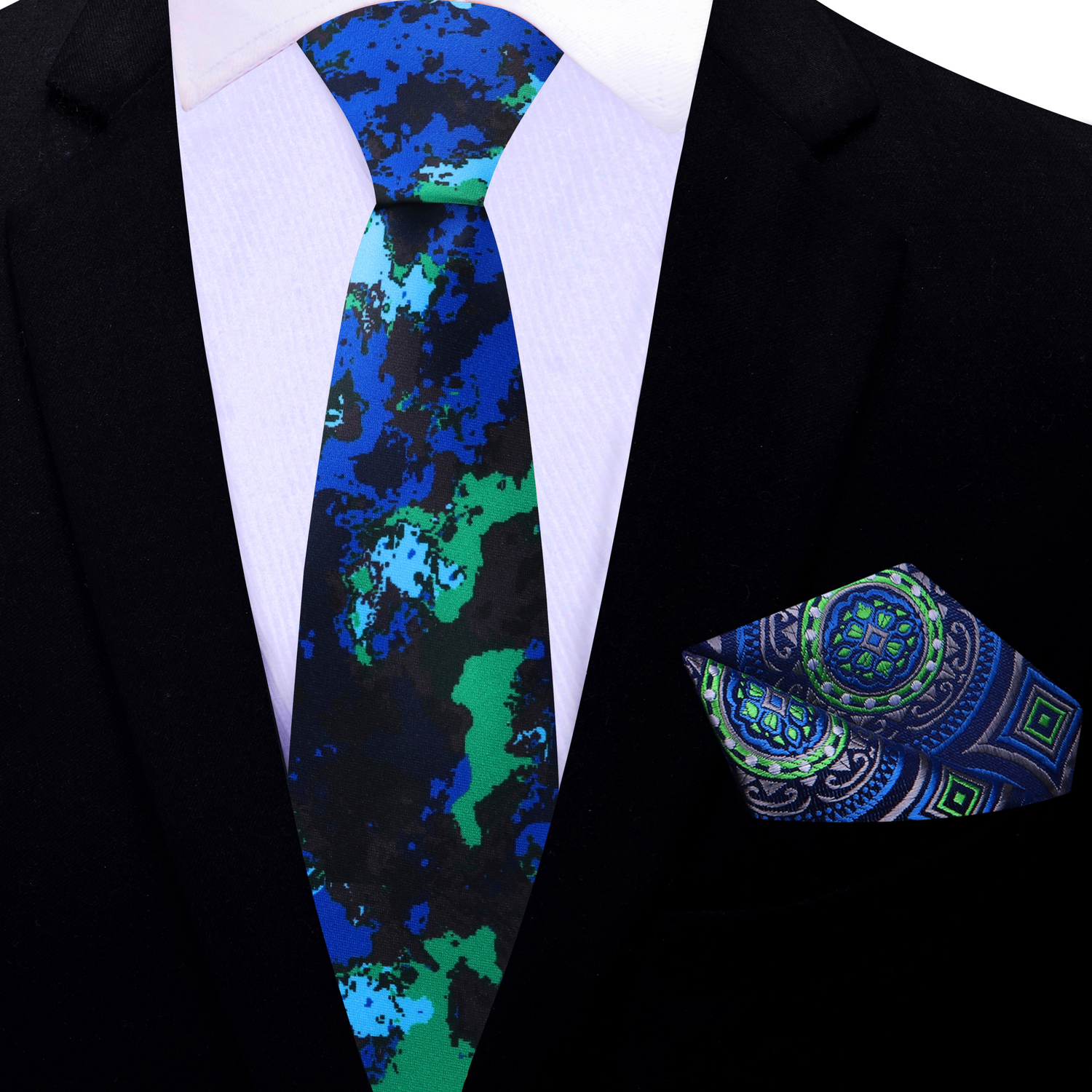 Thin Tie: Black, Blue and Green Ink Blot Pattern Necktie and Blue, Green, Silver Abstract Pocket Square