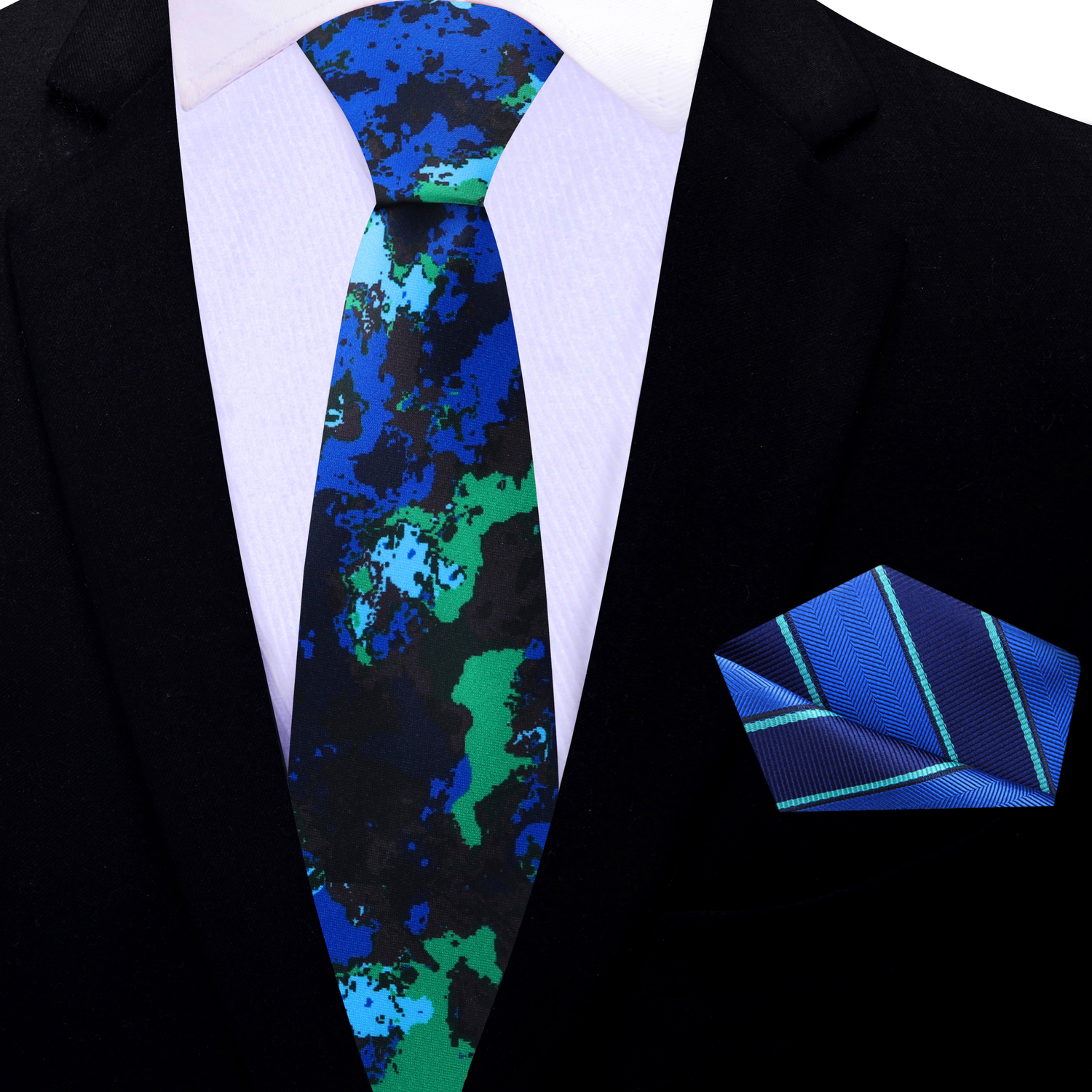 Thin Tie: Black, Blue and Green Ink Blot Pattern Necktie and Blue Green Stripe Pocket Square