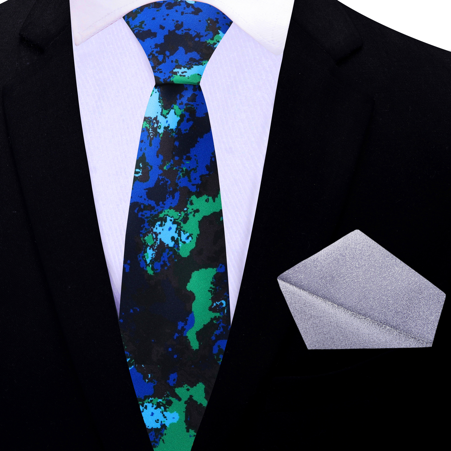 Thin Tie: Black, Blue and Green Ink Blot Pattern Necktie and Silver Pocket Square