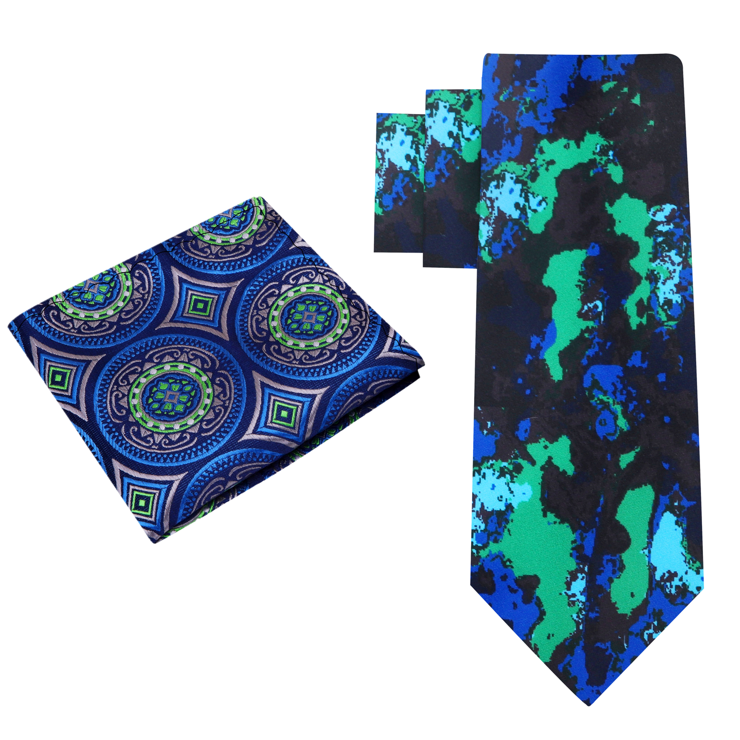 Alt View: Black, Blue and Green Ink Blot Pattern Necktie and Blue, Green, Silver Abstract Pocket Square
