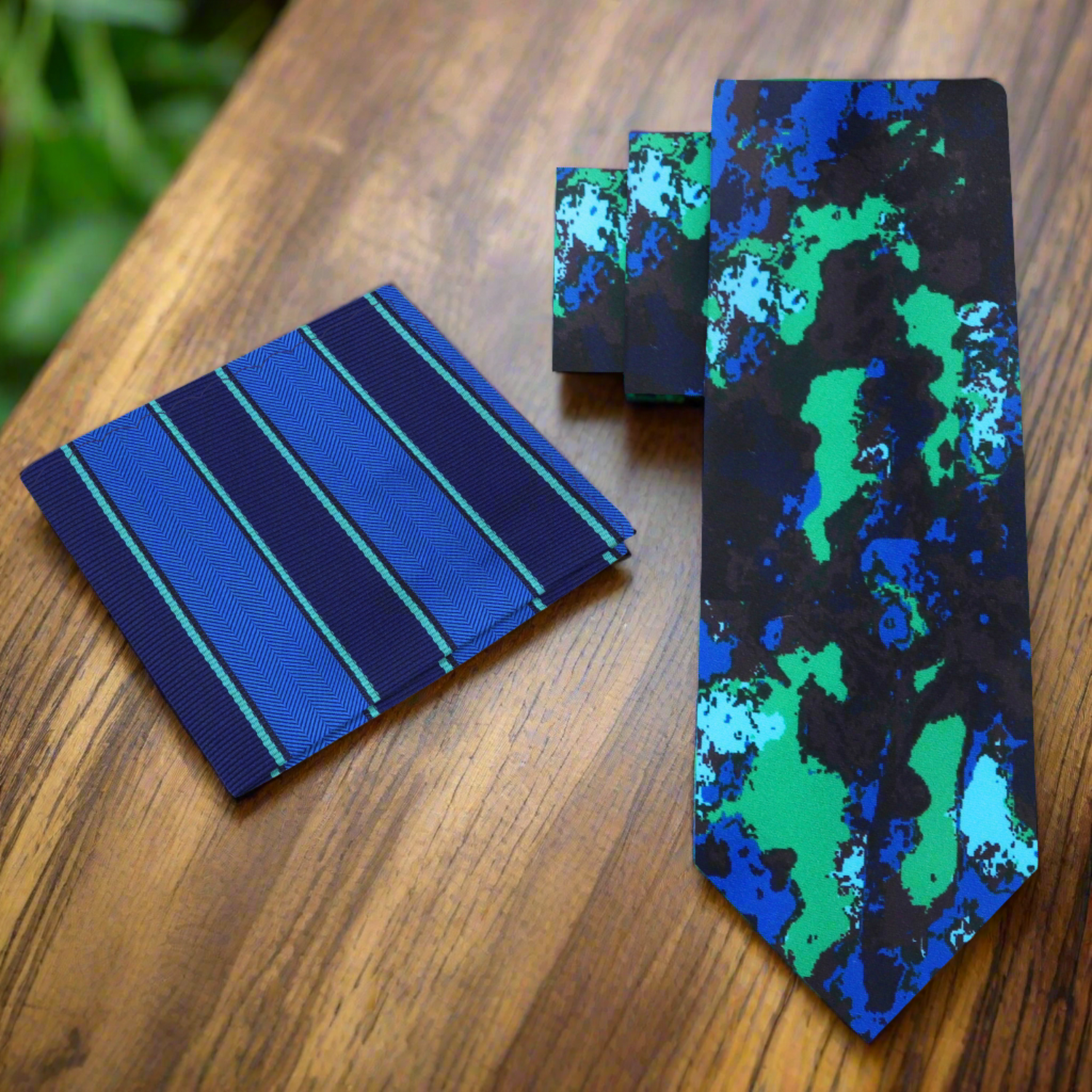 Alt View: Black, Blue and Green Ink Blot Pattern Necktie and Blue Green Stripe Pocket Square