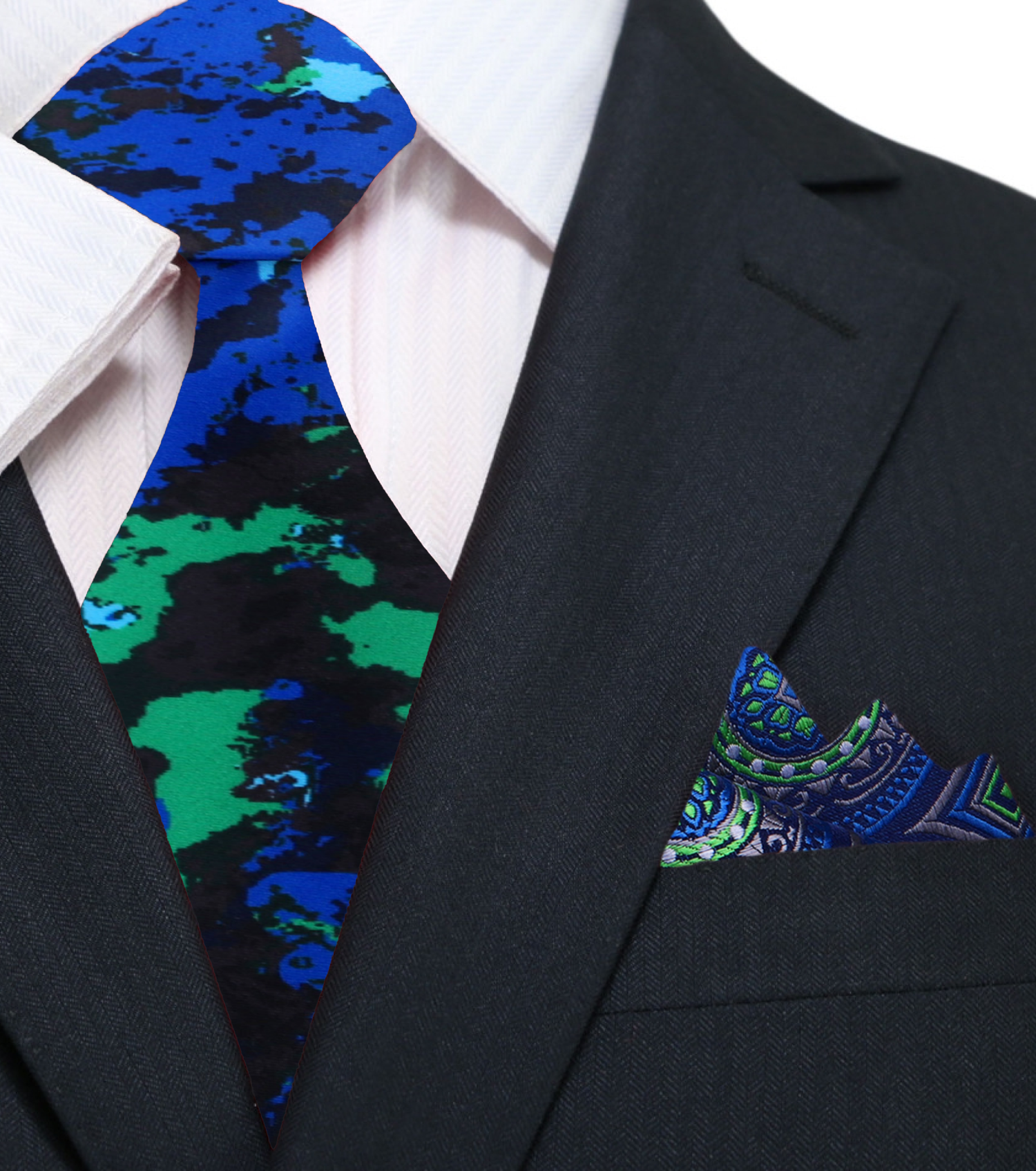Black, Blue and Green Ink Blot Pattern Necktie and Blue, Green, Silver Abstract Pocket Square