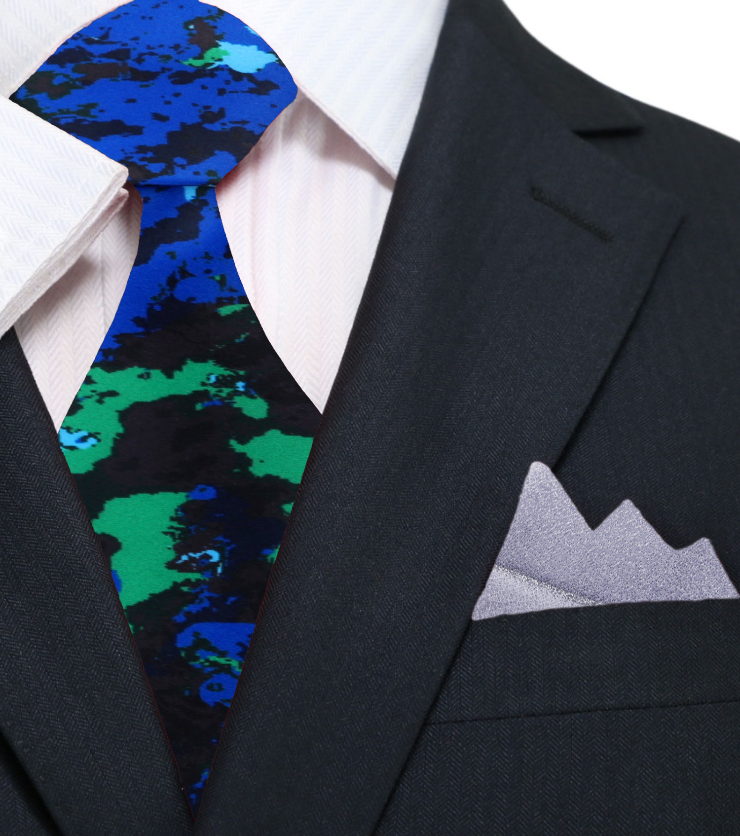 Black, Blue and Green Ink Blot Pattern Necktie and Silver Pocket Square