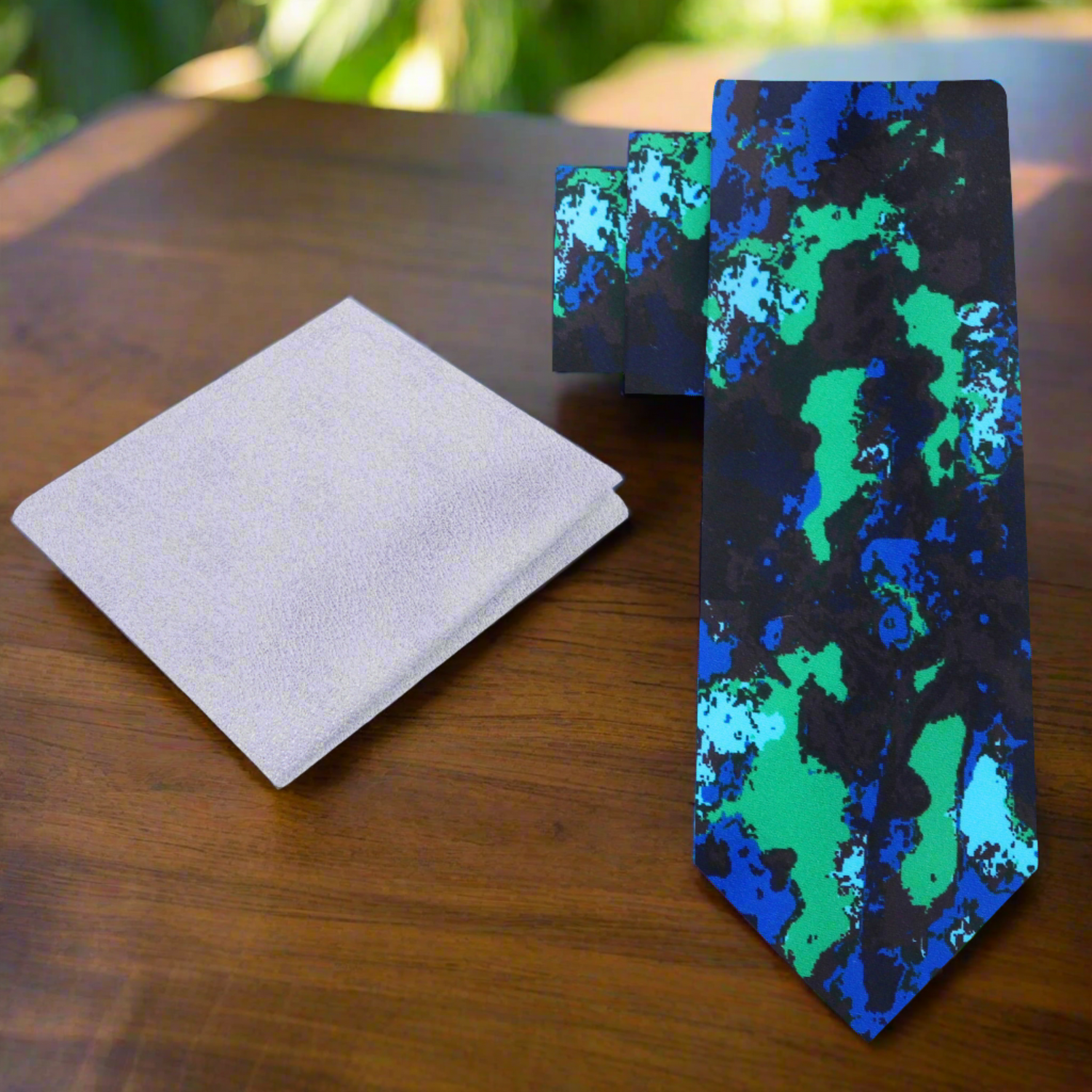 Alt View: Black, Blue and Green Ink Blot Pattern Necktie and Silver Pocket Square