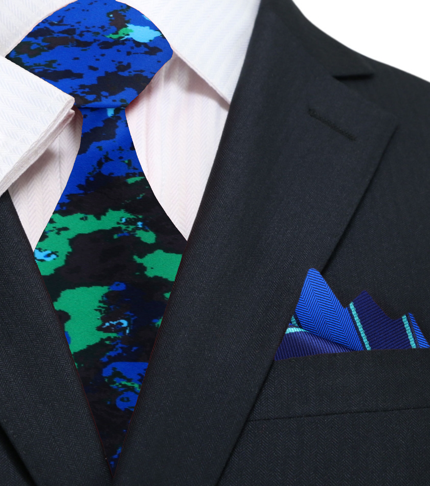 Black, Blue and Green Ink Blot Pattern Necktie and Blue Green Stripe Pocket Square