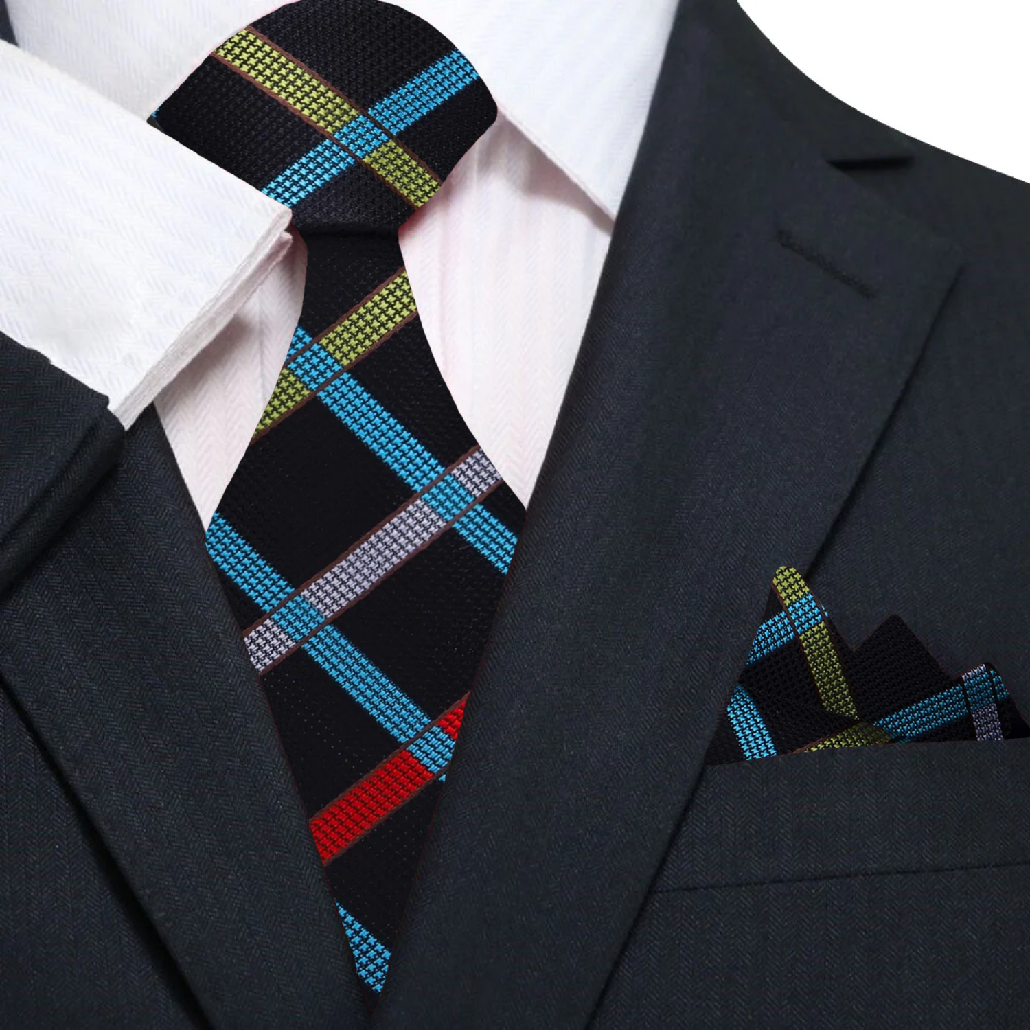 Main Black, Grey, Red, Yellow and Light Blue Geometric Tie and Pocket Square