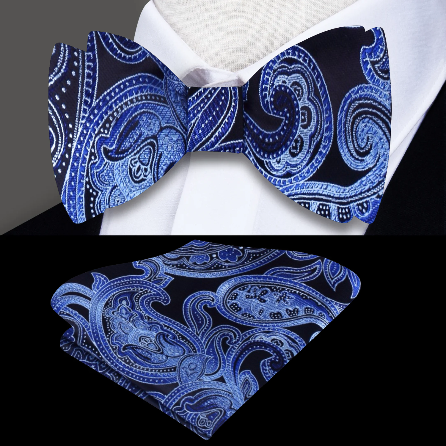 A Black, Blue Intricate Paisley Pattern Pre Tied Bow Tie and Square