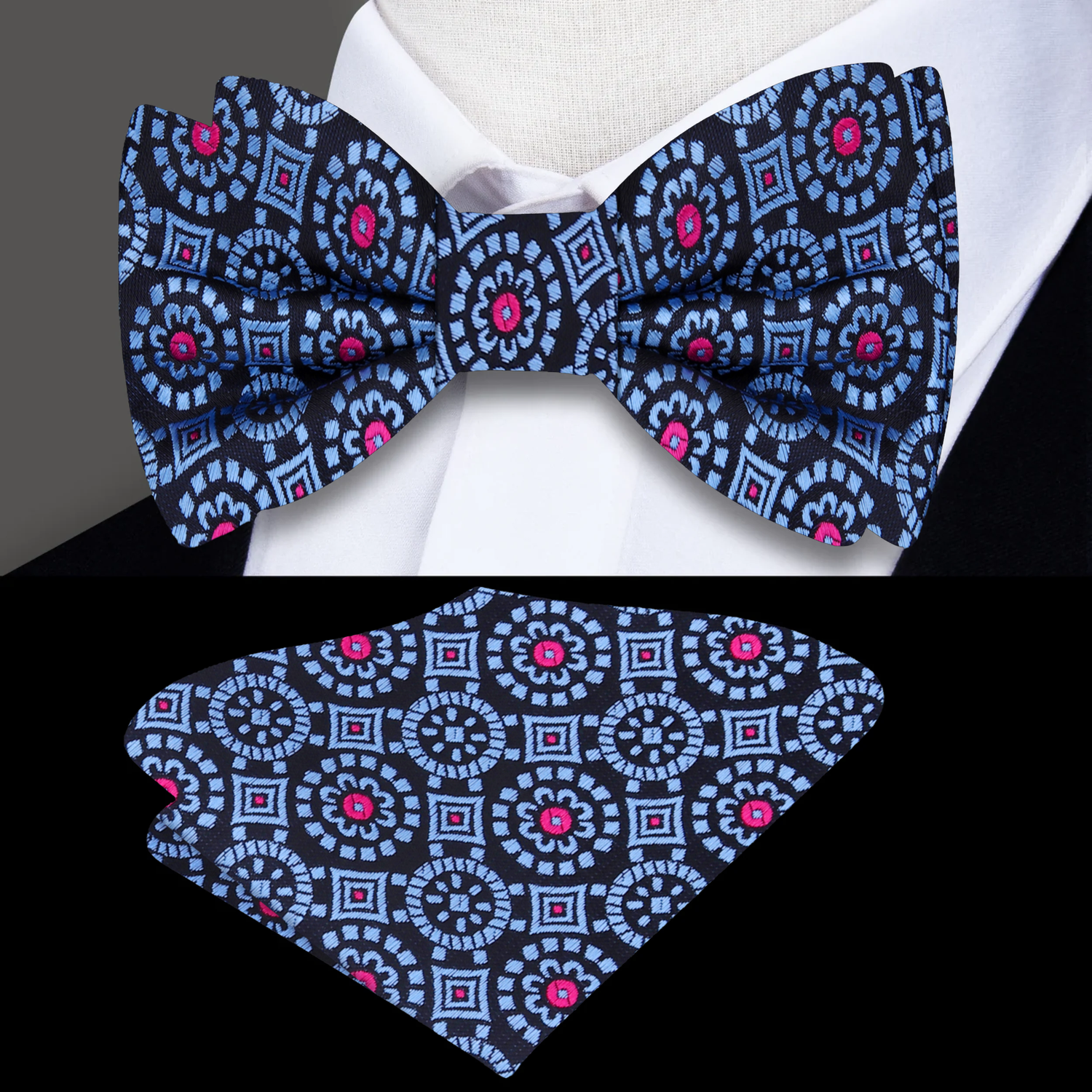 Modena Black, Rich Blue, Pink Geometric Bow Tie and Accenting Square