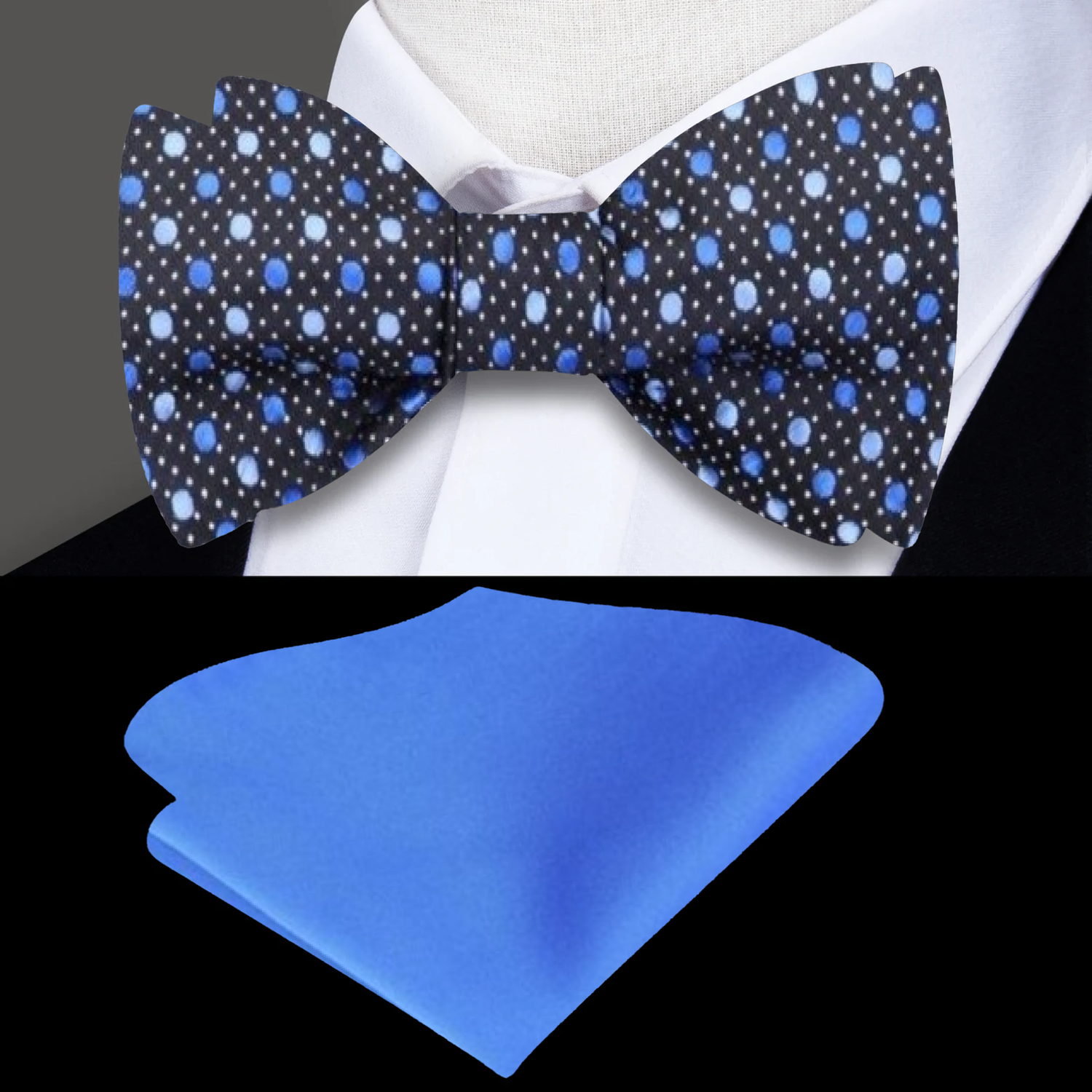 Black, Blue Modern Polka Bow Tie and Pocket Square