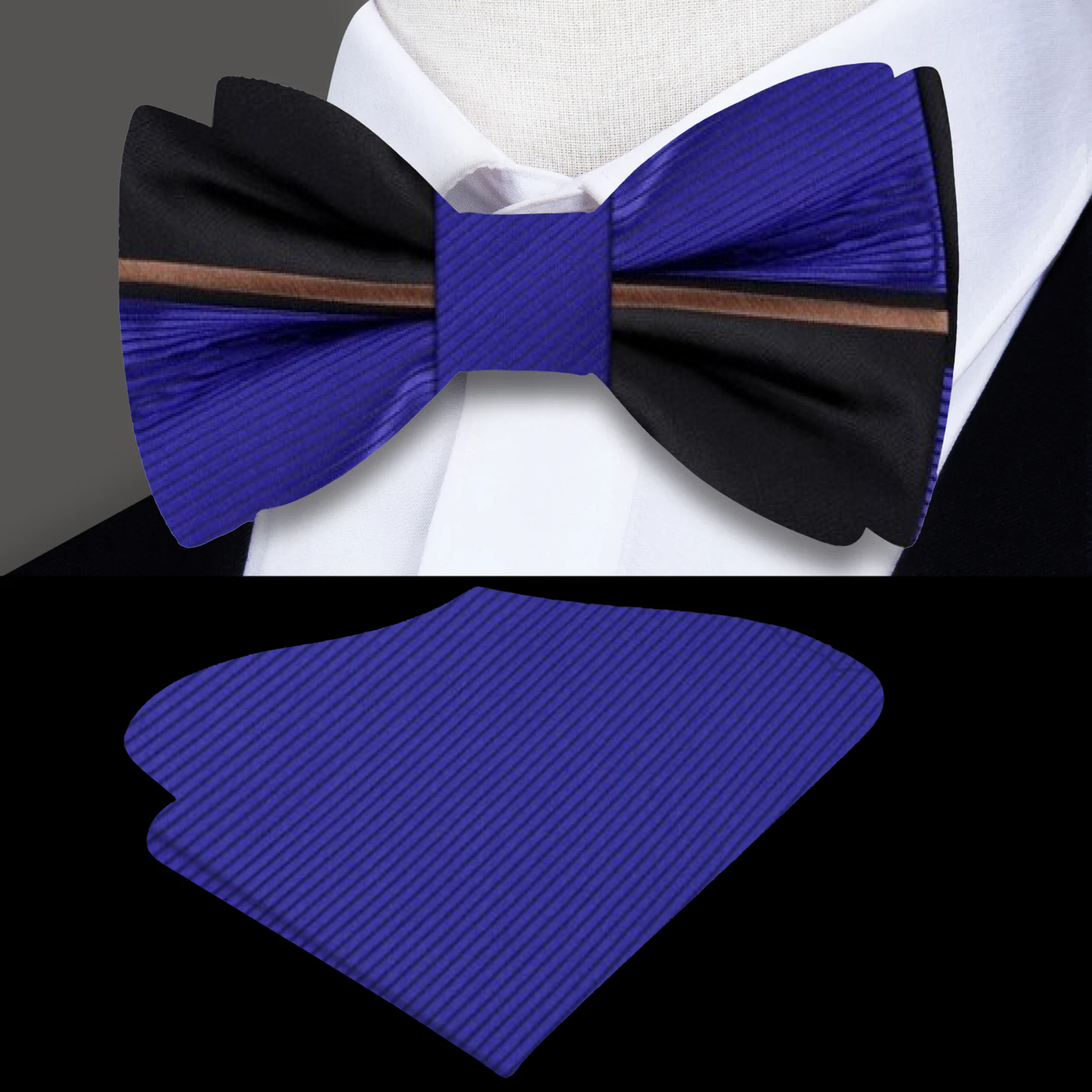 Blue, Black Lined Bow Tie and Pocket Square||Blue, Black
