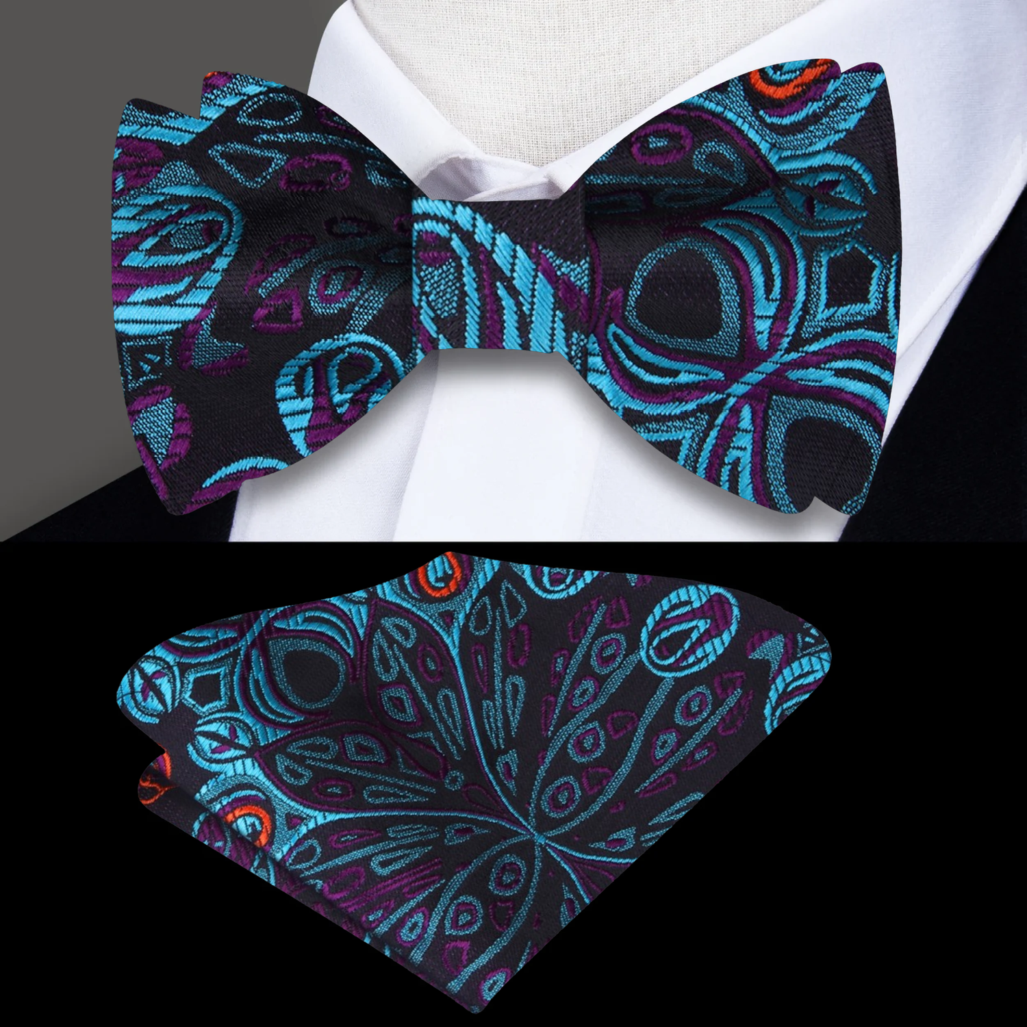 A Dark Blue, Purple, Orange Abstract Peacock Feather Pattern Silk Self Tie Bow Tie, Matching Pocket Square