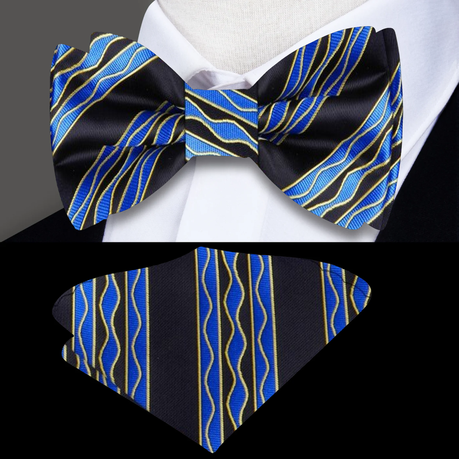 Black, Blue, Yellow Abstract Waves Bow Tie and Pocket Square on Suit||Black, Blue