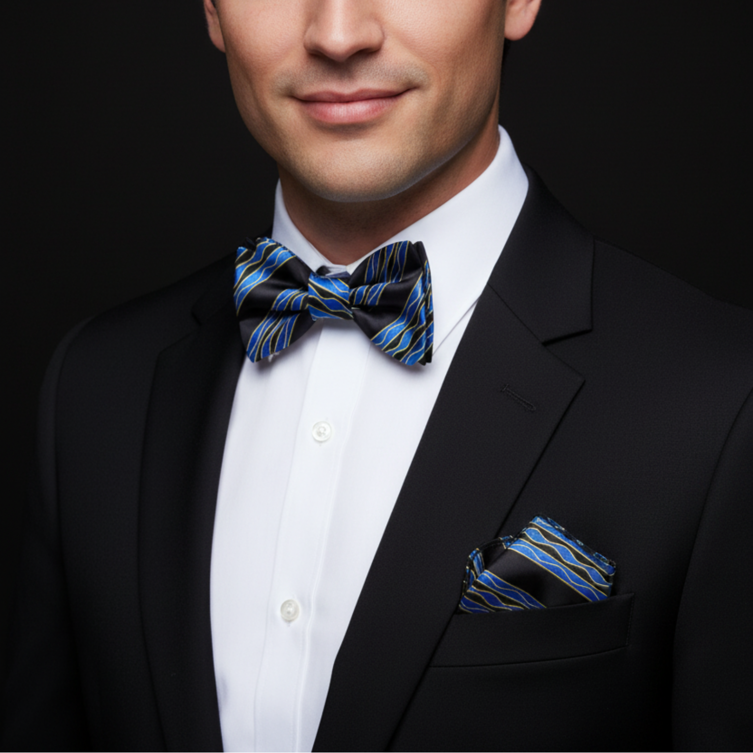 Black Wavy Line Bow Tie in Blue Gold or Grey for Weddings