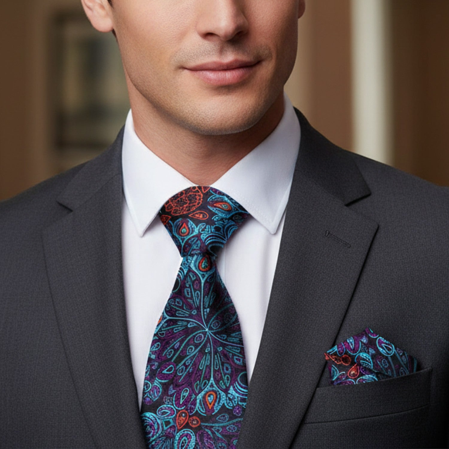 Man wearing a gray suit with a colorful paisley tie and pocket square.
