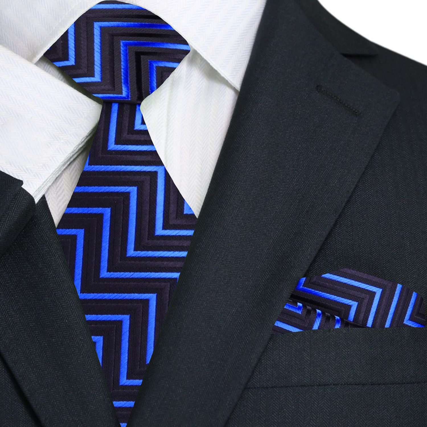 Premium A Blue, Black Geometric Pattern Silk Necktie With Matching Pocket Square