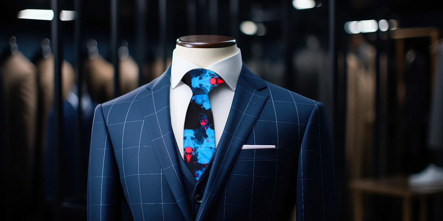 Black Blue and Red Abstract ink Blot Necktie on Blue Window Pane Suit