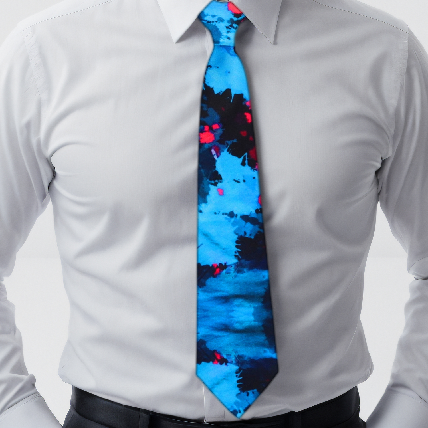 Black Blue and Red Abstract ink Blot Necktie On White Shirt