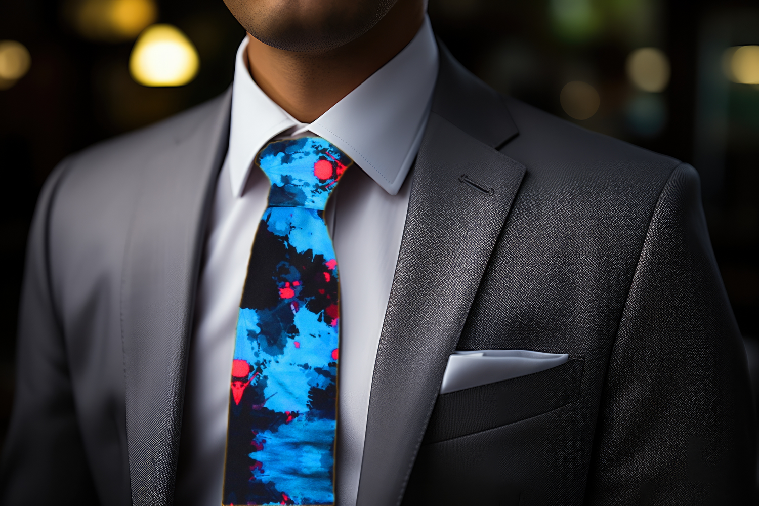 Black Blue and Red Abstract ink Blot Necktie Grey Suit