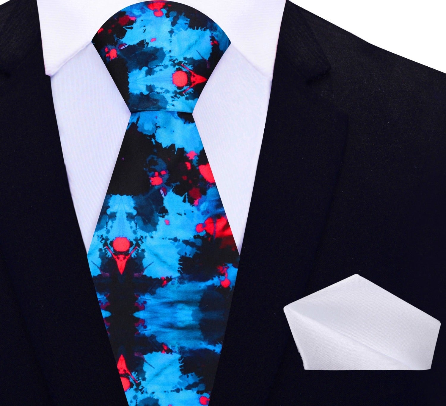 View 2: Black Blue and Red Abstract ink Blot Necktie and White Square