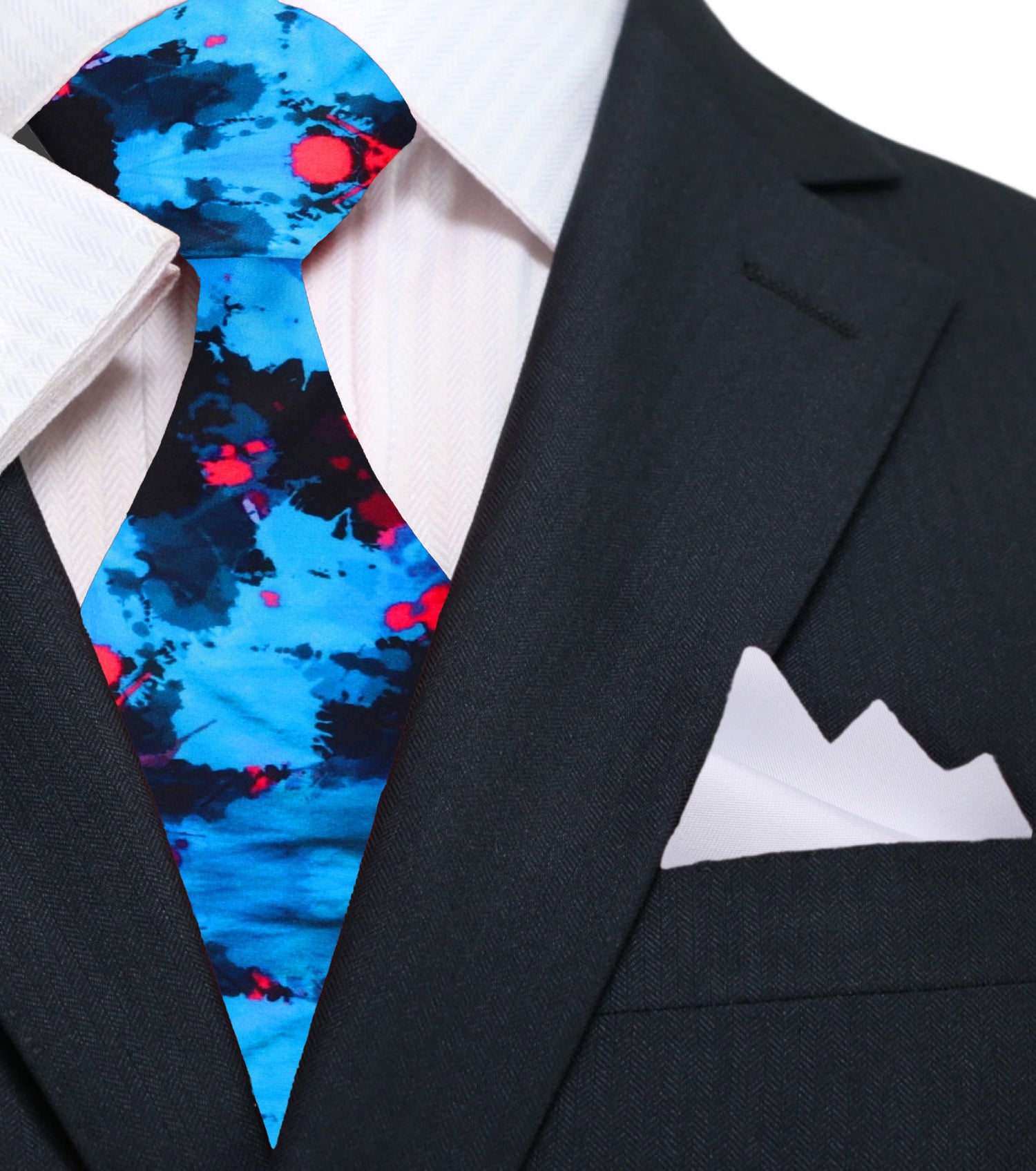 Black Blue and Red Abstract ink Blot Necktie and White Square