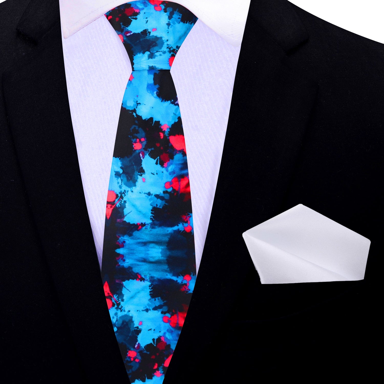 Thin Tie: Black Blue and Red Abstract ink Blot Necktie and White Square
