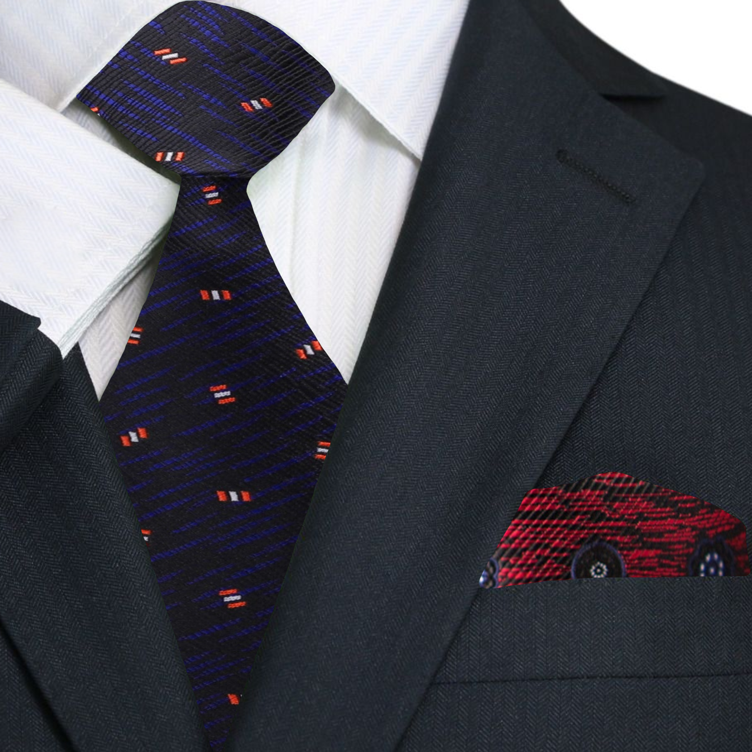 Black, Dark Indigo, Red, Abstract Tie and Accenting Red Geometric Square