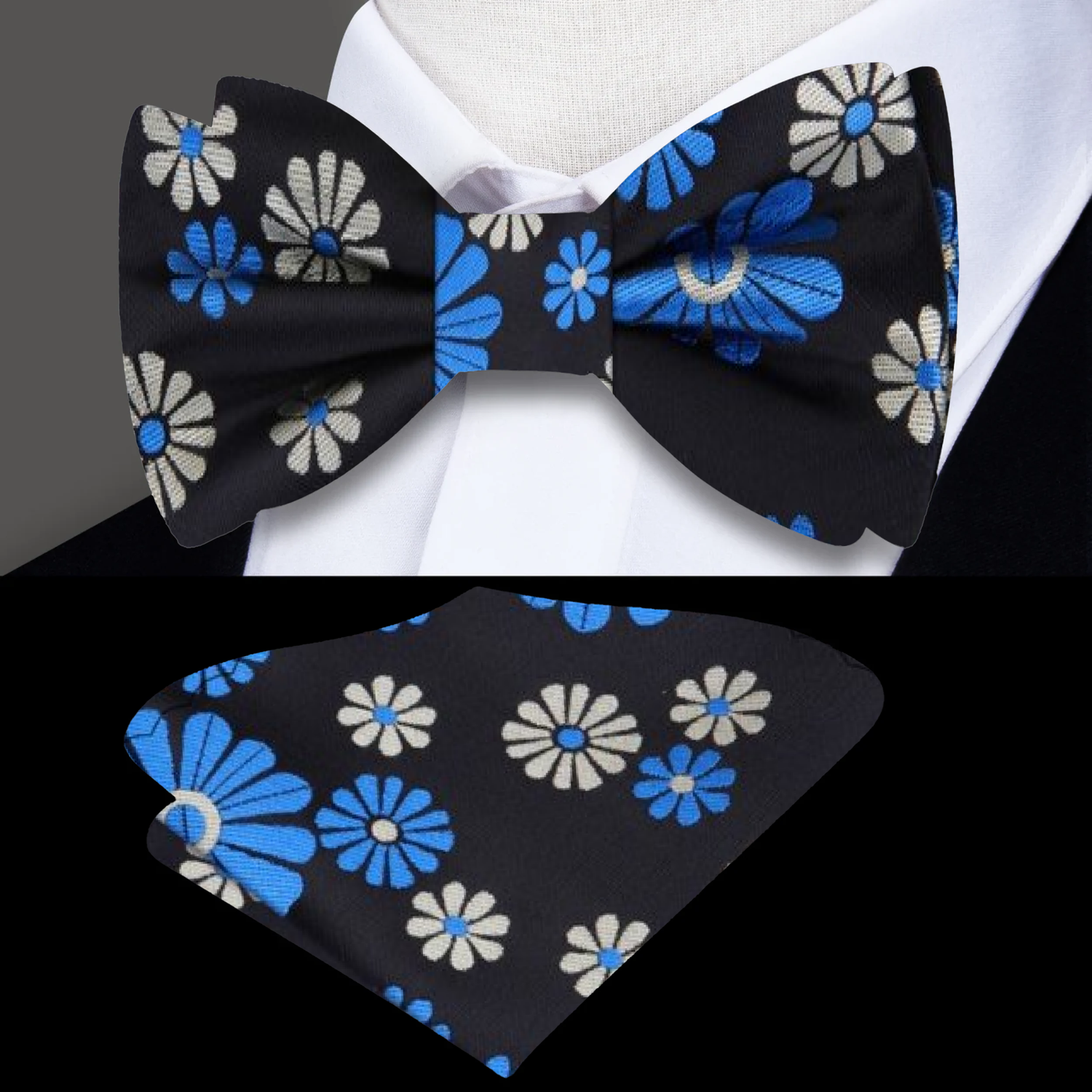 Black, Light Blue Flowers Bow Tie and Pocket Square
