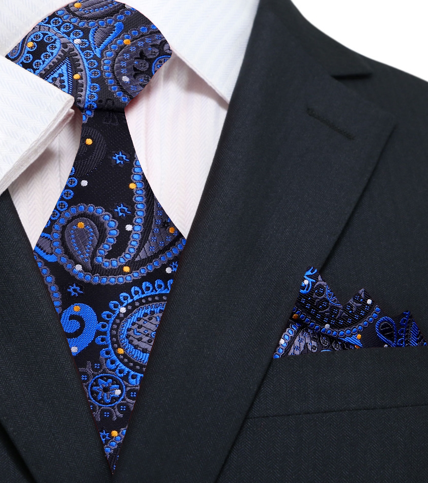 Black, Blue Paisley Tie and Pocket Square