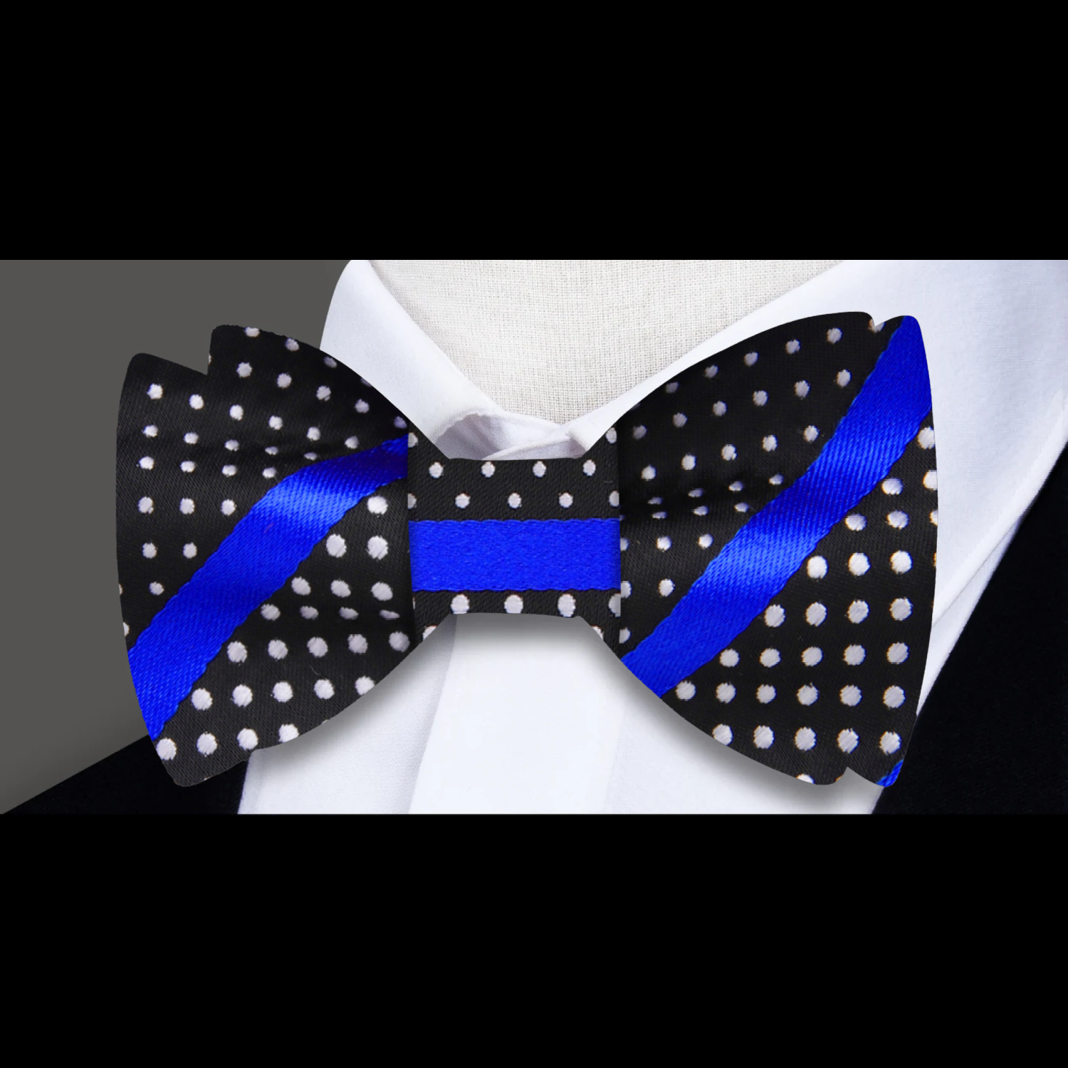 Main View: A Black, Black, White Polka and Stripe Pattern Silk Pre Tied Bow Tie,  