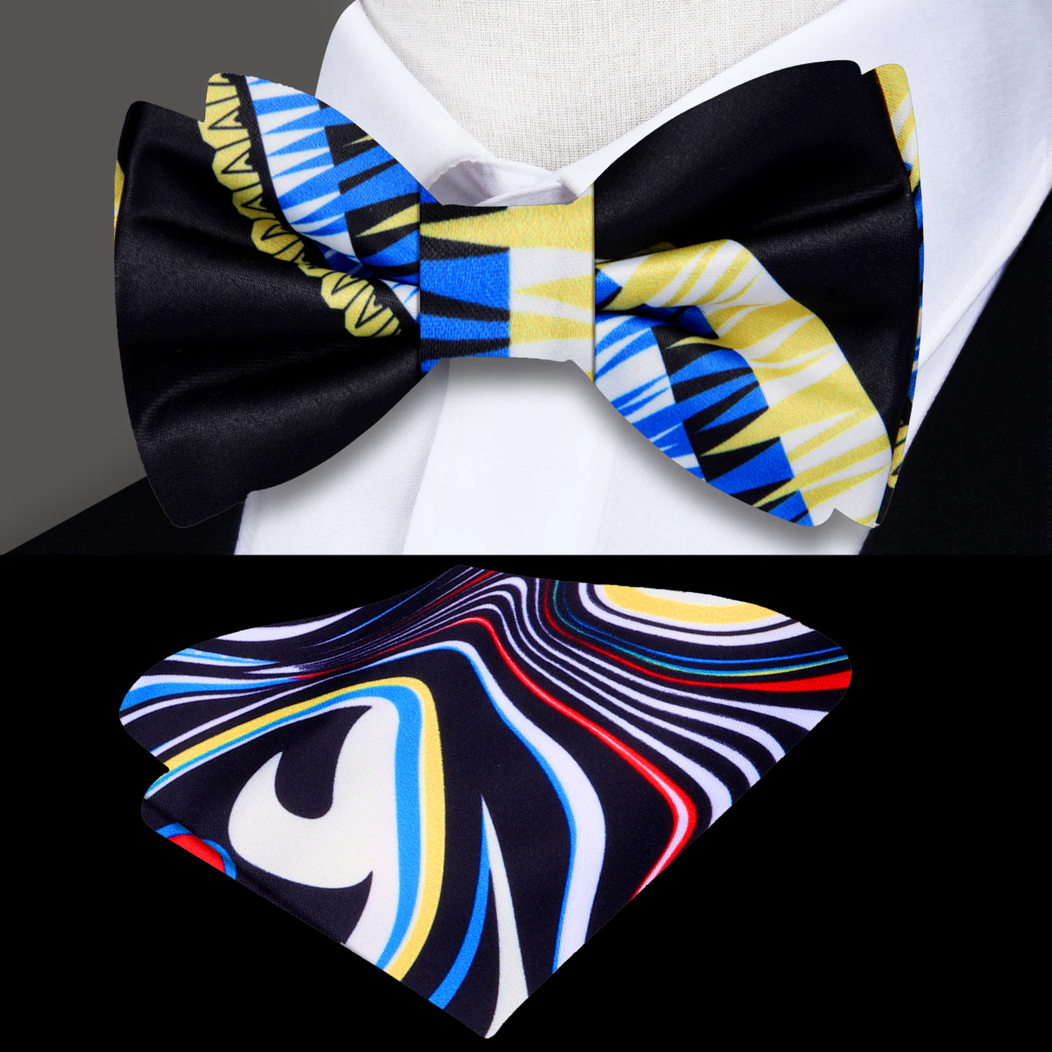 Black Yellow Blue Abstract Bow Tie and Accenting Square