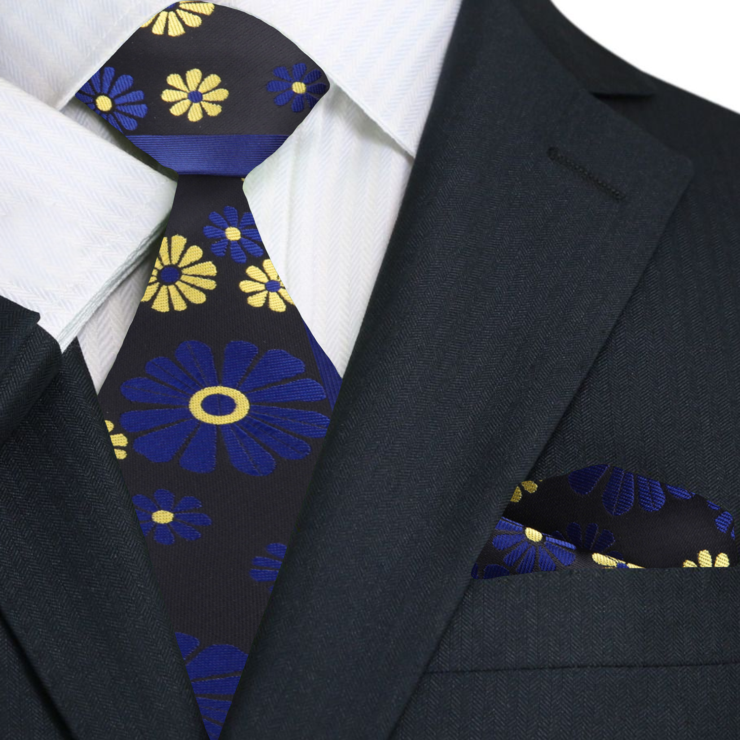 Premium Dark Blue, Black and Yellow Cactus Flower Tie