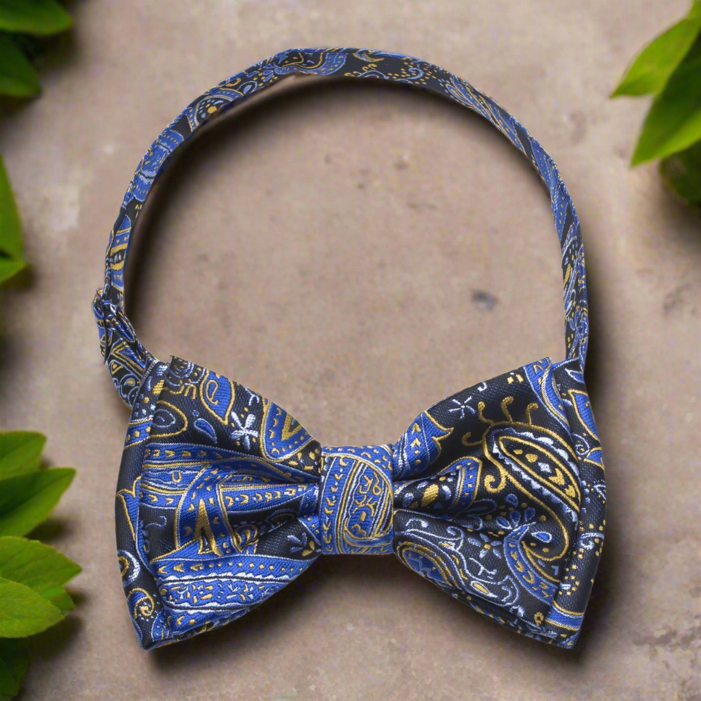 A Black, Blue, Gold Paisley Pattern Silk Bow Tie Pre Tie